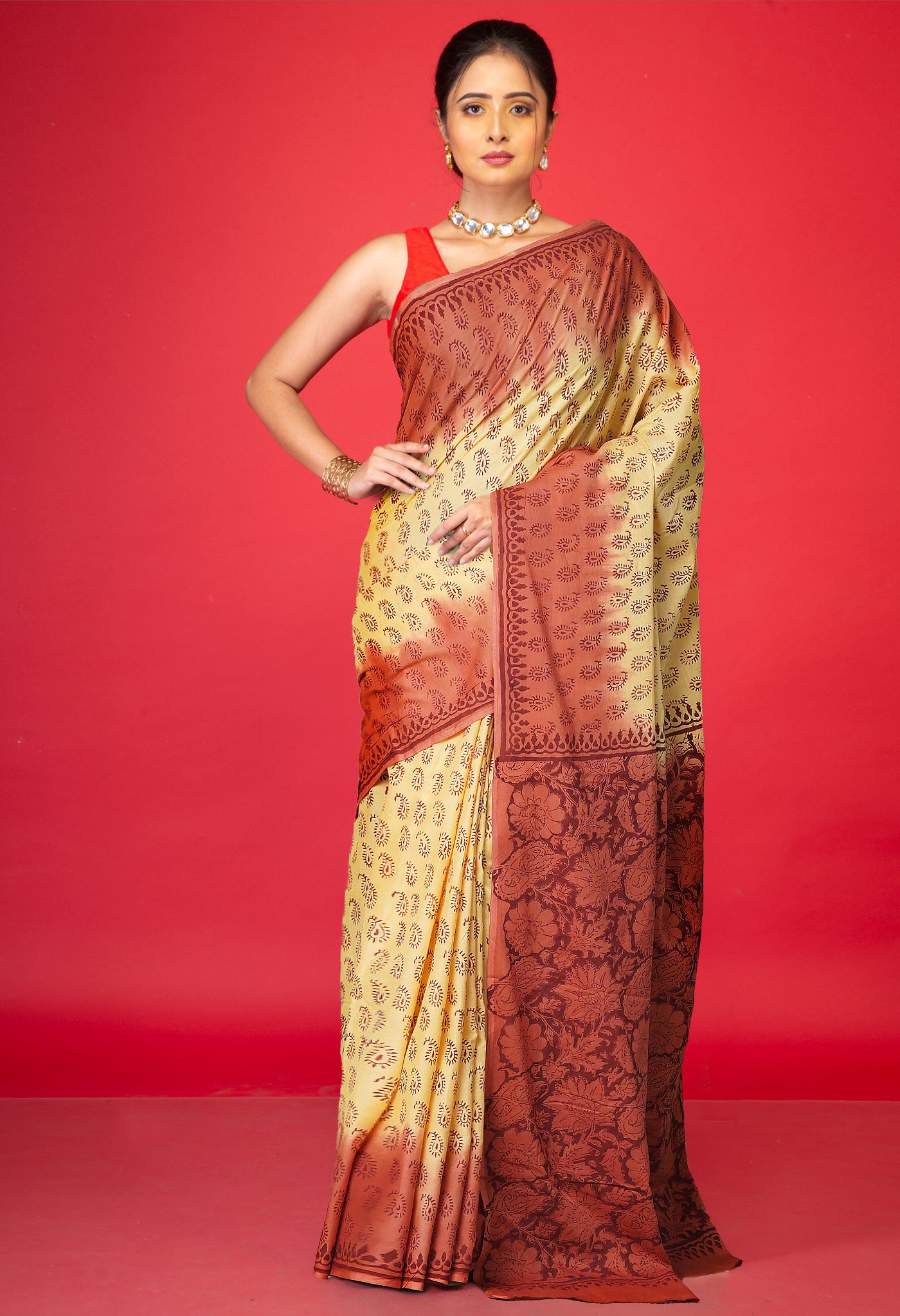 Yellow-Brown Pure Block Printed Soft Cotton Saree-UNM78989