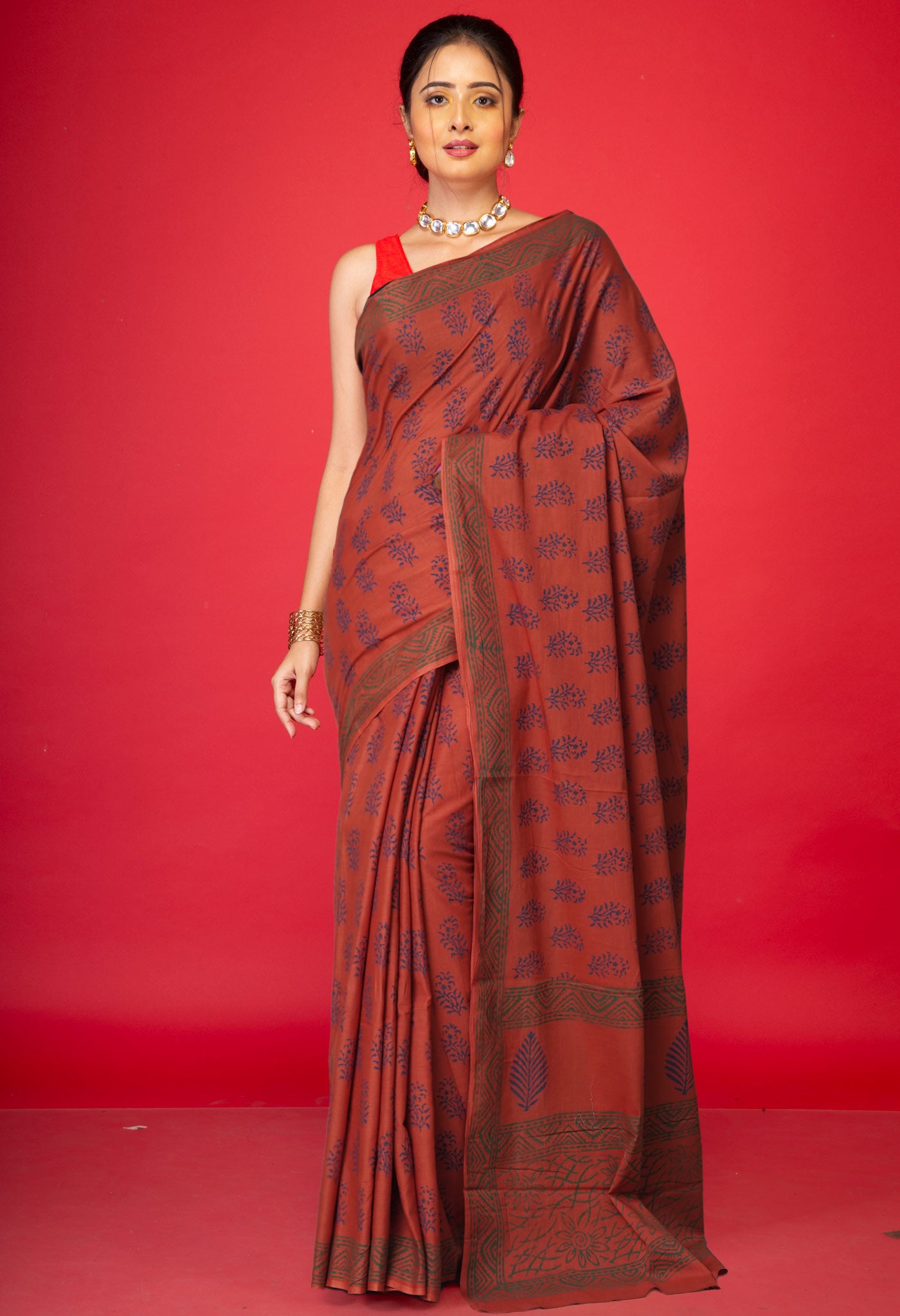 Brown Pure Block Printed Soft Cotton Saree-UNM78990