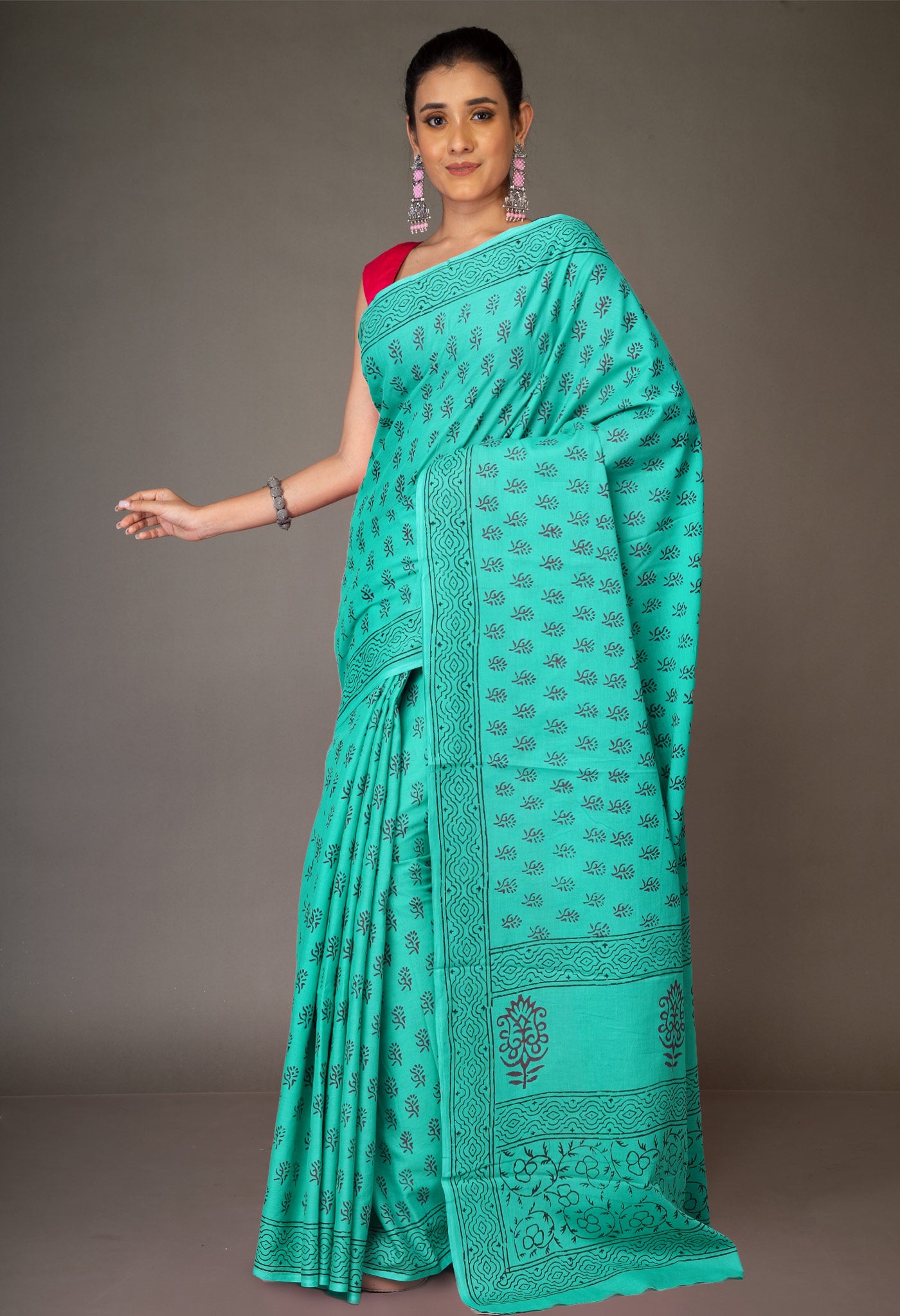 Turquoise Green Pure Block Printed Soft Cotton Saree-UNM78992