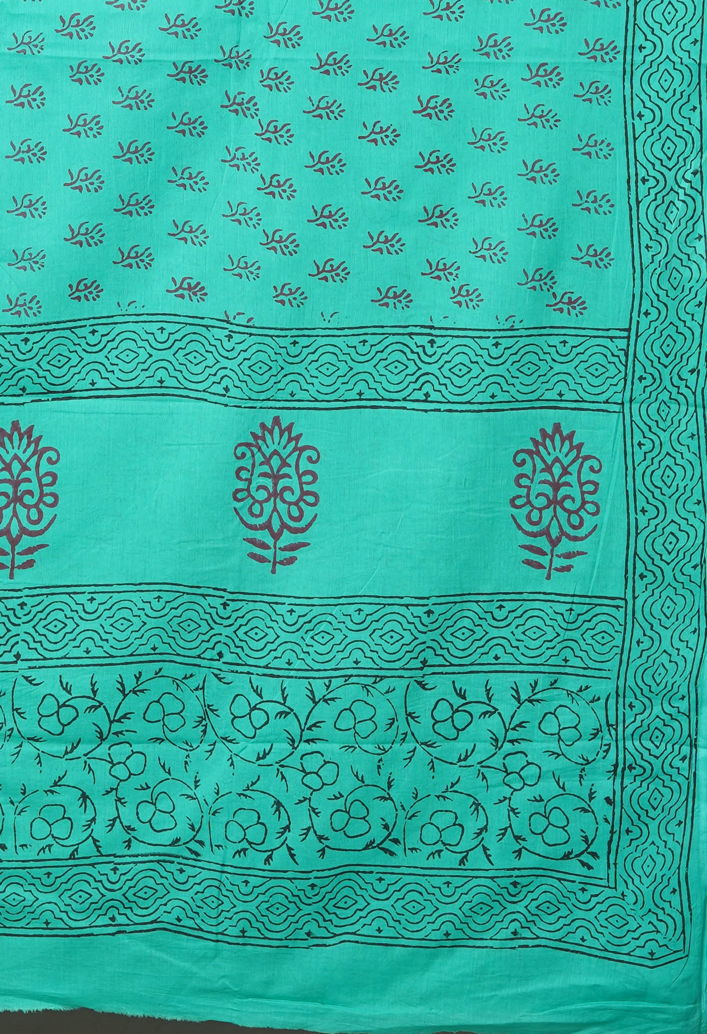 Turquoise Green Pure Block Printed Soft Cotton Saree-UNM78992