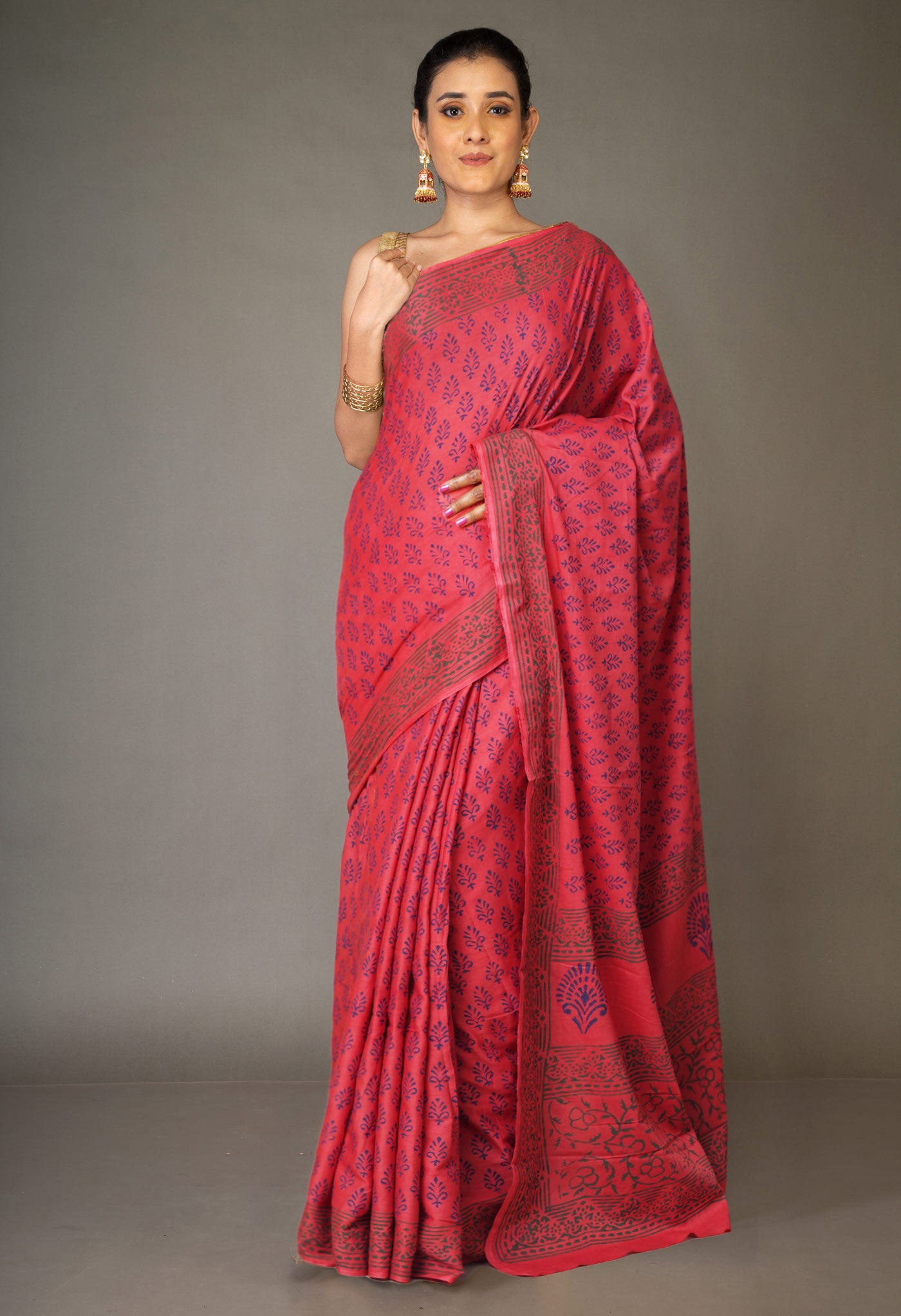 Red Pure Block Printed Soft Cotton Saree-UNM78994