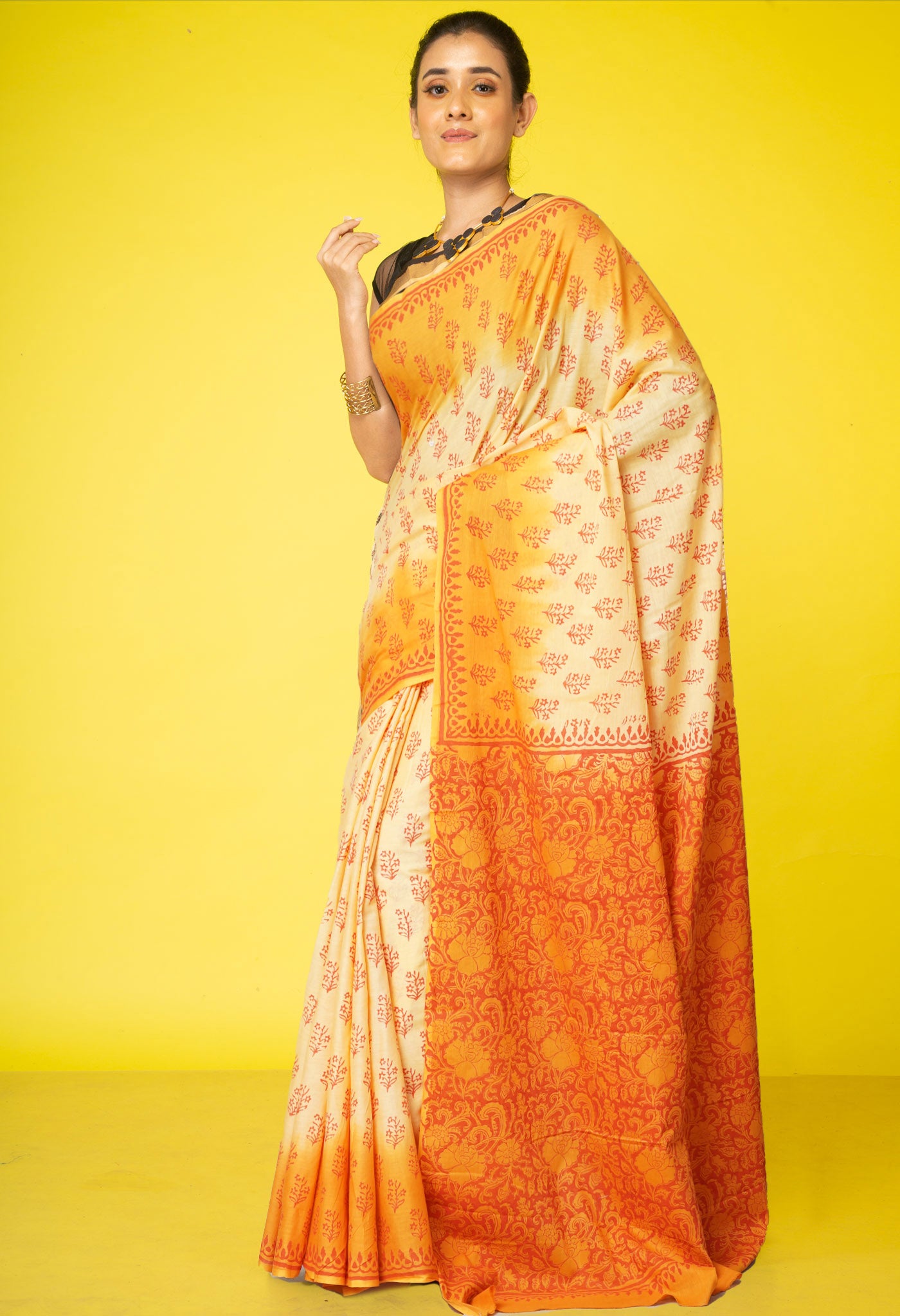 Yellow-Orange Pure Block Printed Soft Cotton Saree-UNM78995