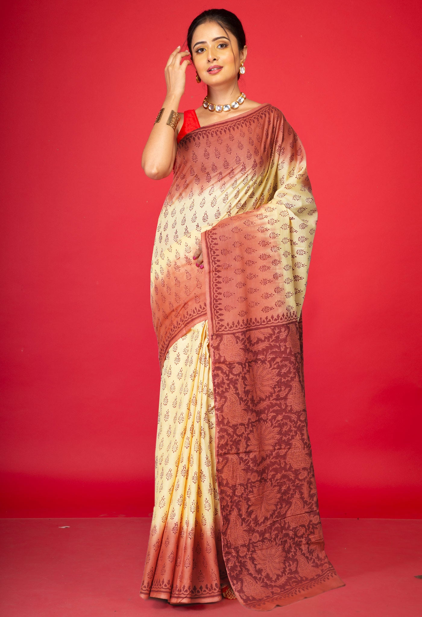 Yellow-Brown Pure Block Printed Soft Cotton Saree-UNM78996