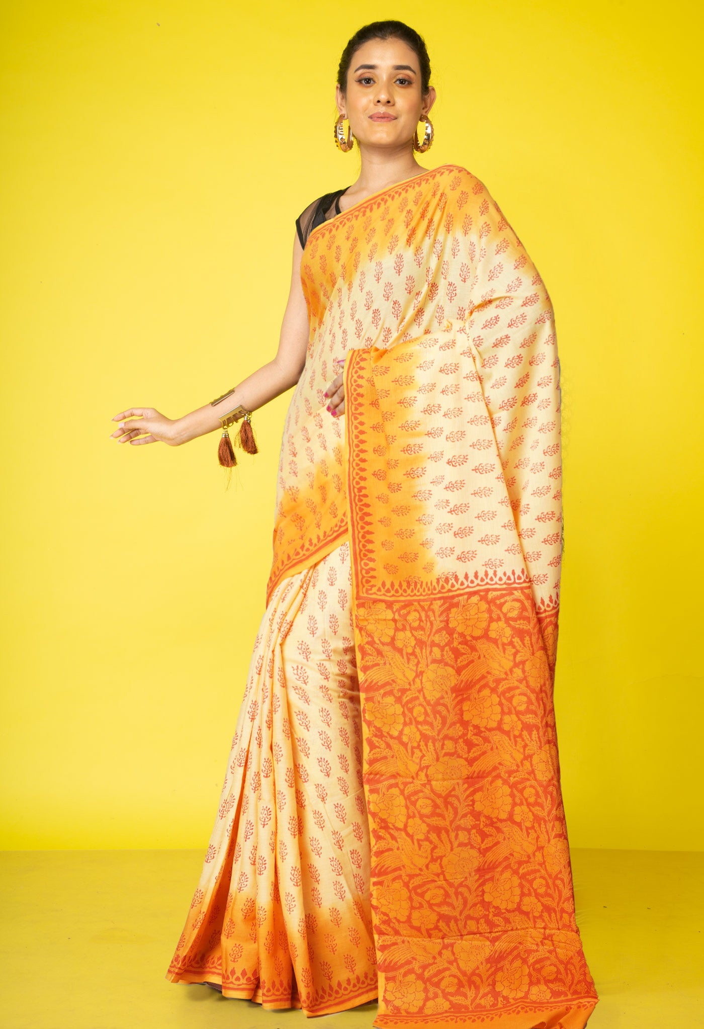 Yellow-Orange Pure Block Printed Soft Cotton Saree-UNM78997