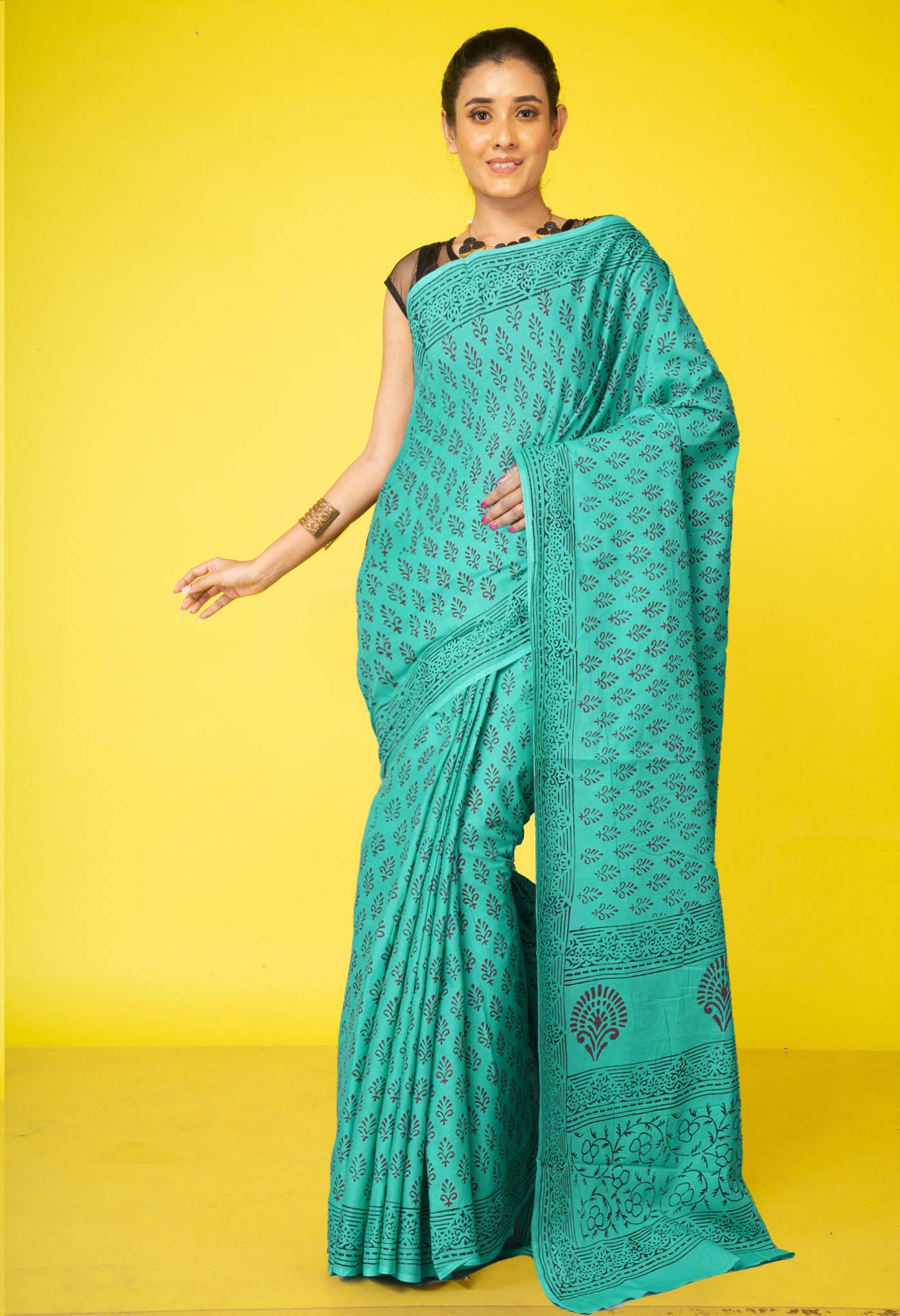 Turquoise Green Pure Block Printed Soft Cotton Saree-UNM78998