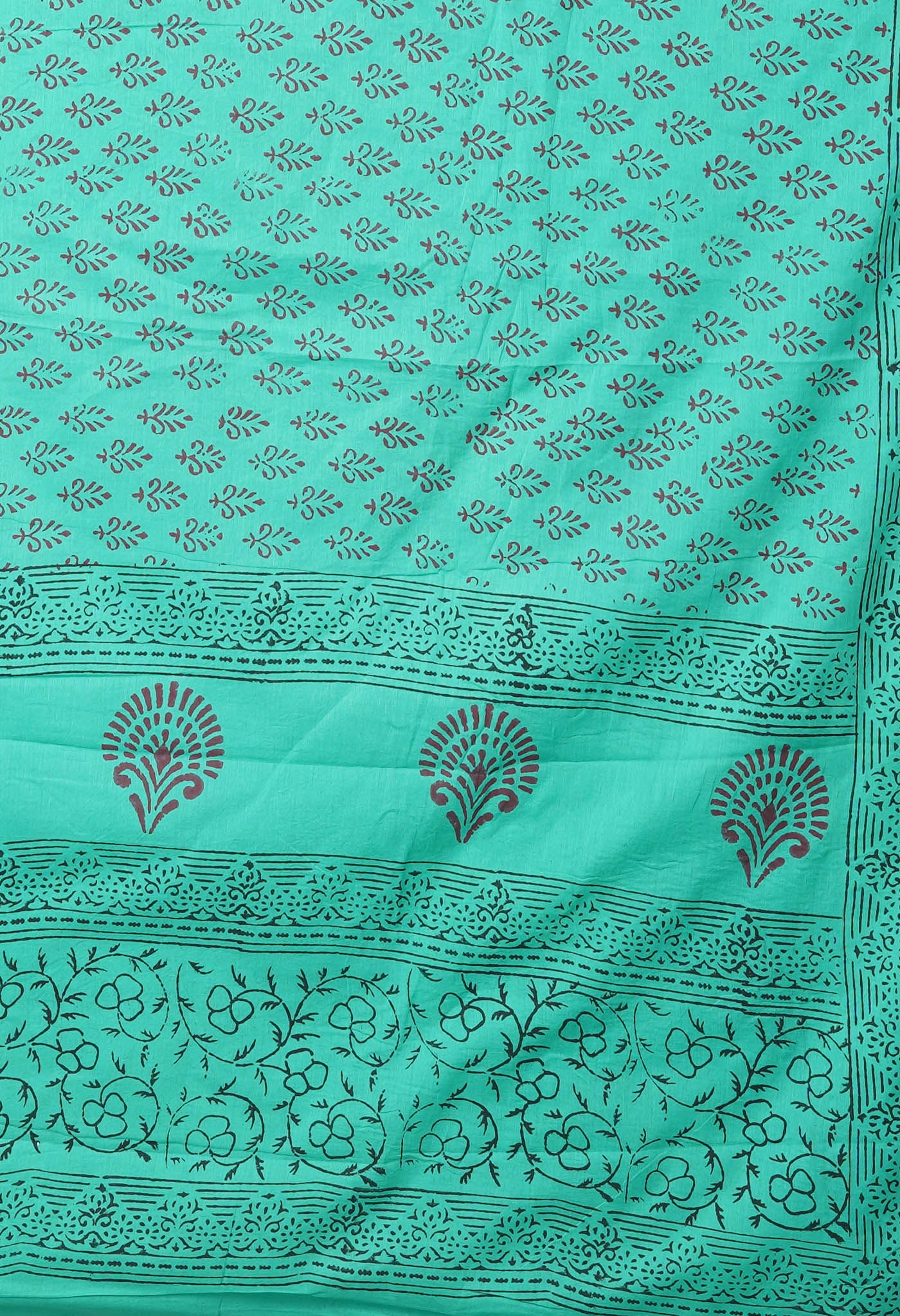 Turquoise Green Pure Block Printed Soft Cotton Saree-UNM78998