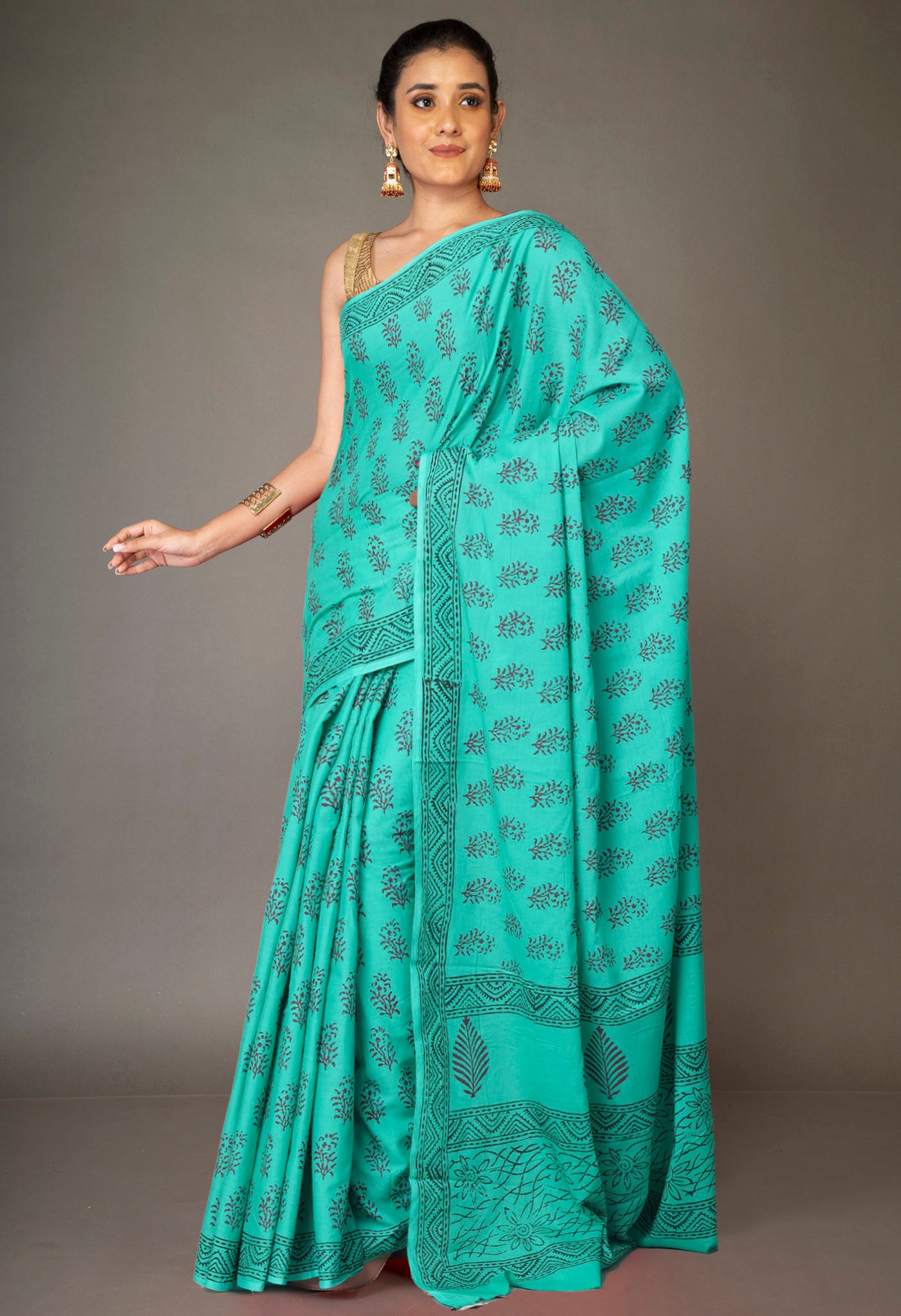 Turquoise Green Pure Block Printed Soft Cotton Saree-UNM78999