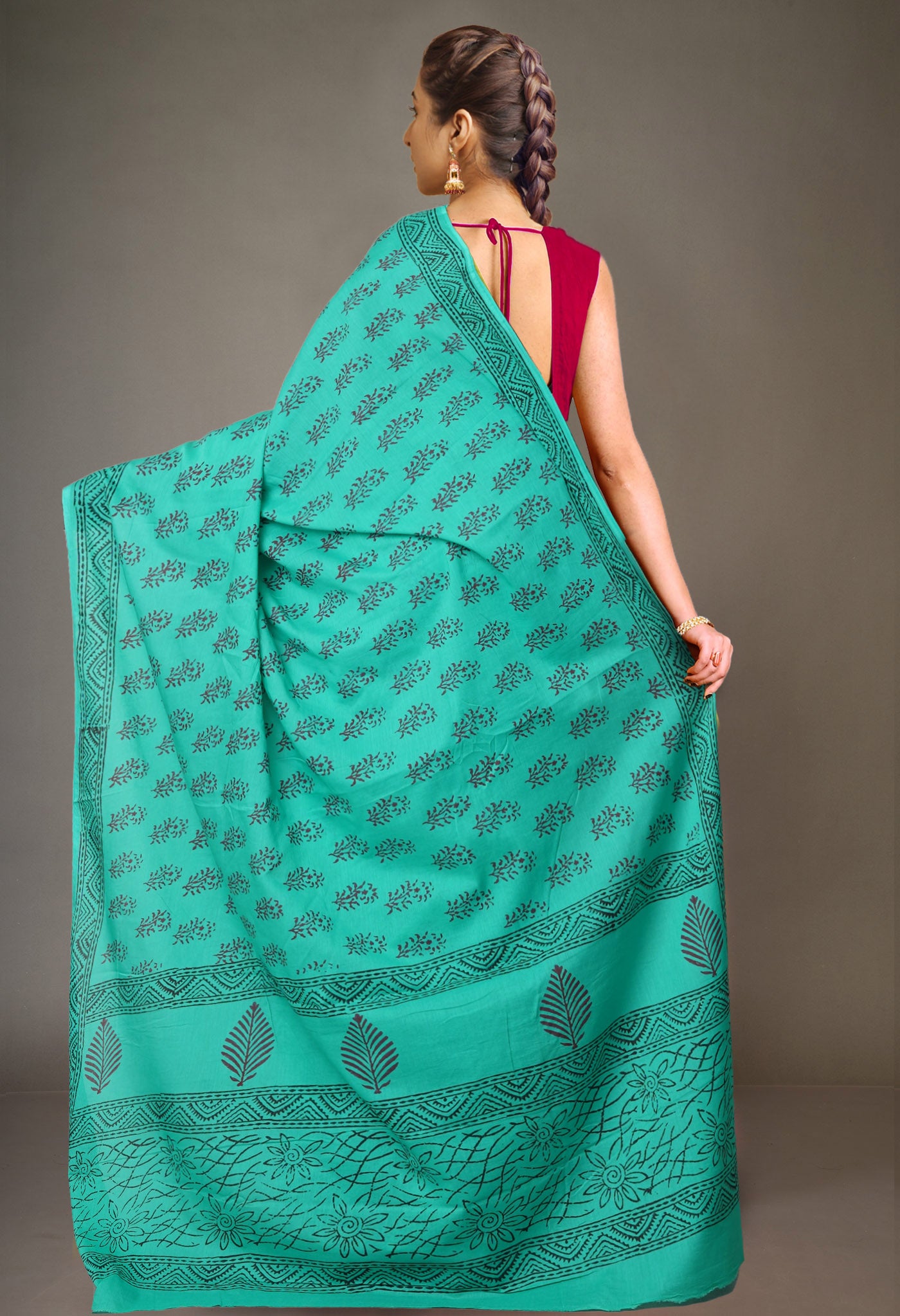 Turquoise Green Pure Block Printed Soft Cotton Saree-UNM78999