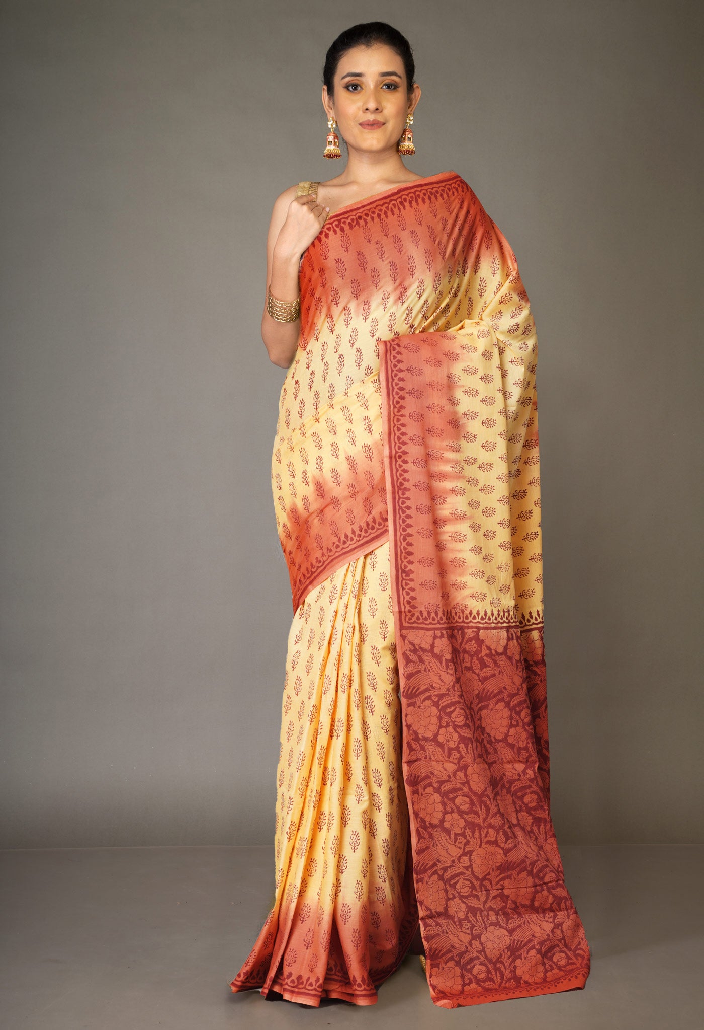 Yellow-Brown Pure Block Printed Soft Cotton Saree-UNM79000