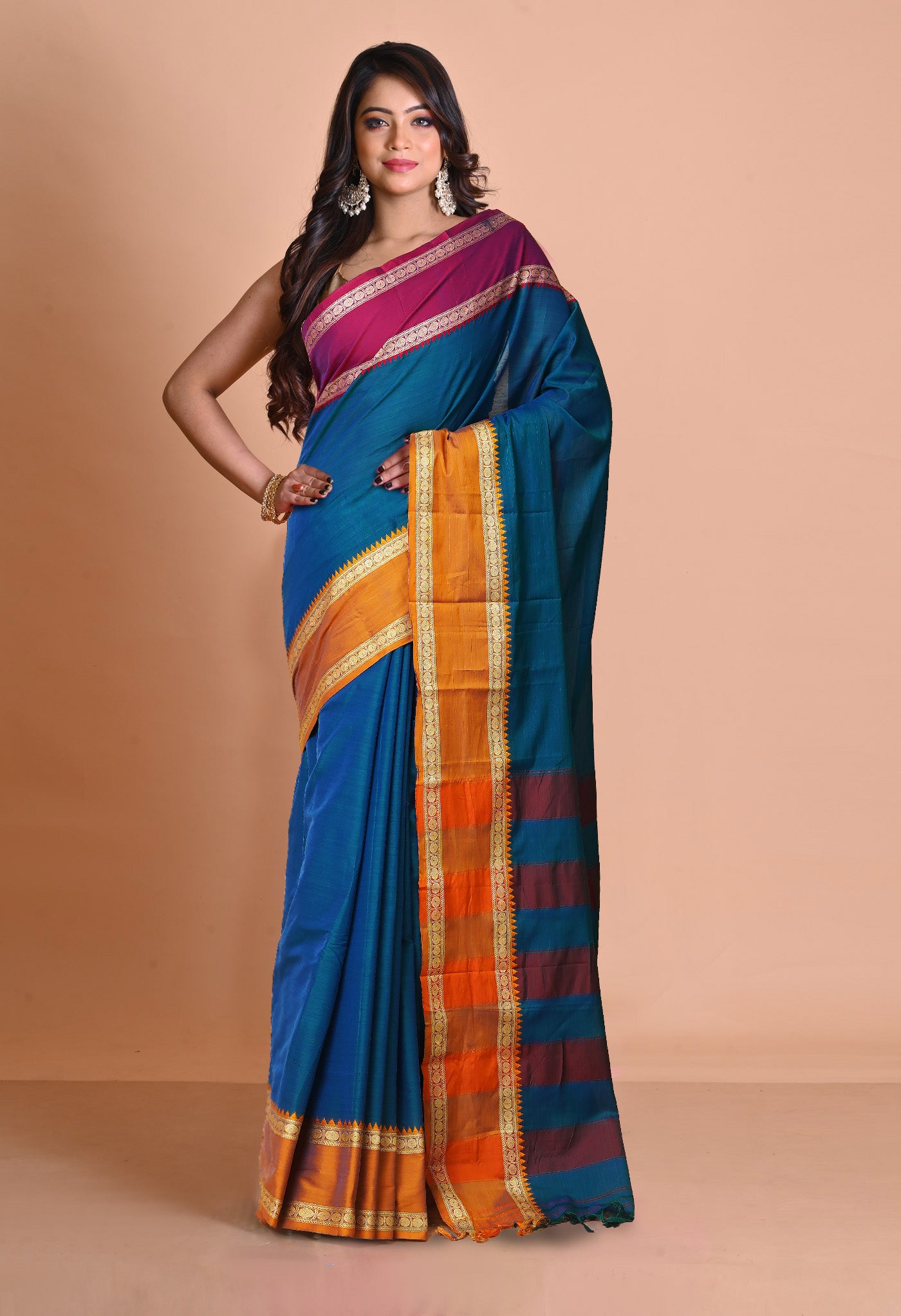 Peacock Green Pure Handloom Narayani Cotton Saree-UNM79014