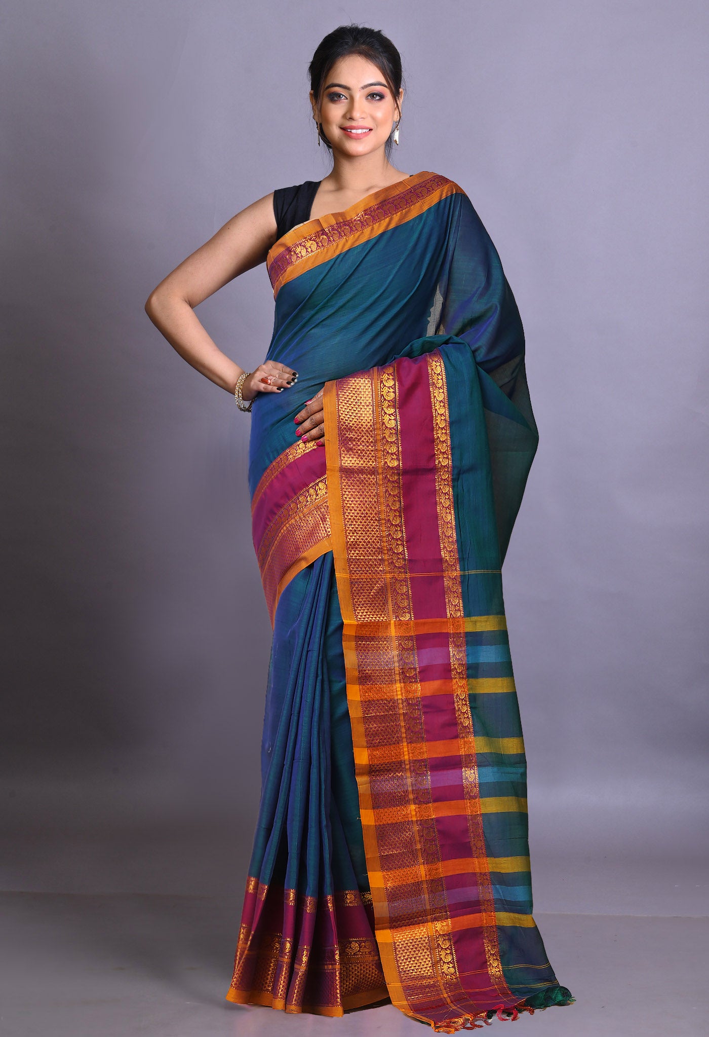 Peacock Green Pure Handloom Narayani Cotton Saree-UNM79035