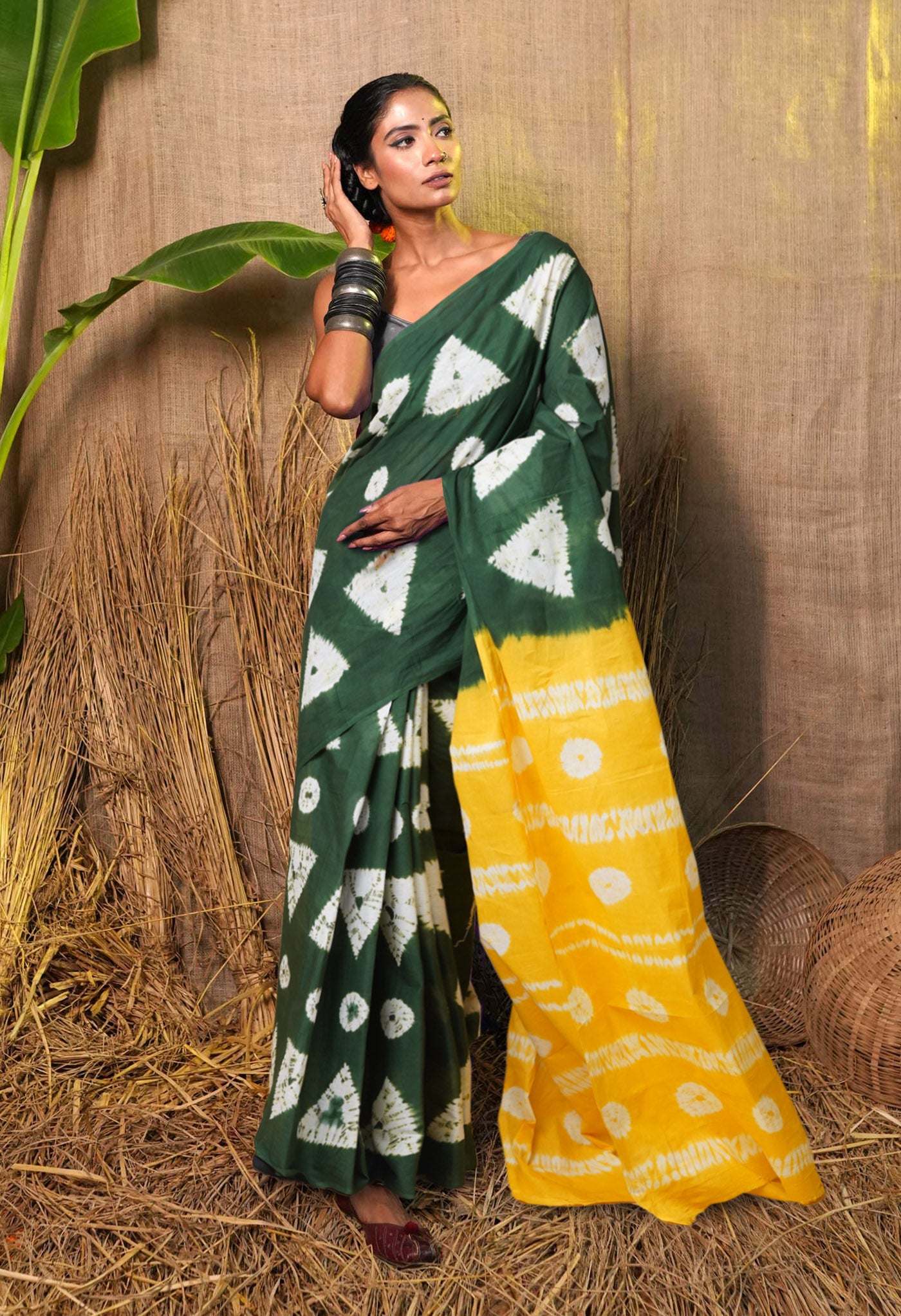 Green-Yellow Pure Tie And Dye Shibori Printed Soft Cotton Saree-UNM79068