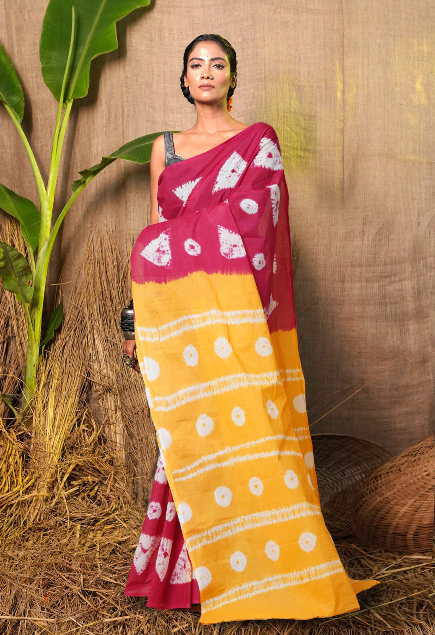 Pink-Yellow Pure Tie And Dye Shibori Printed Soft Cotton Saree-UNM79069