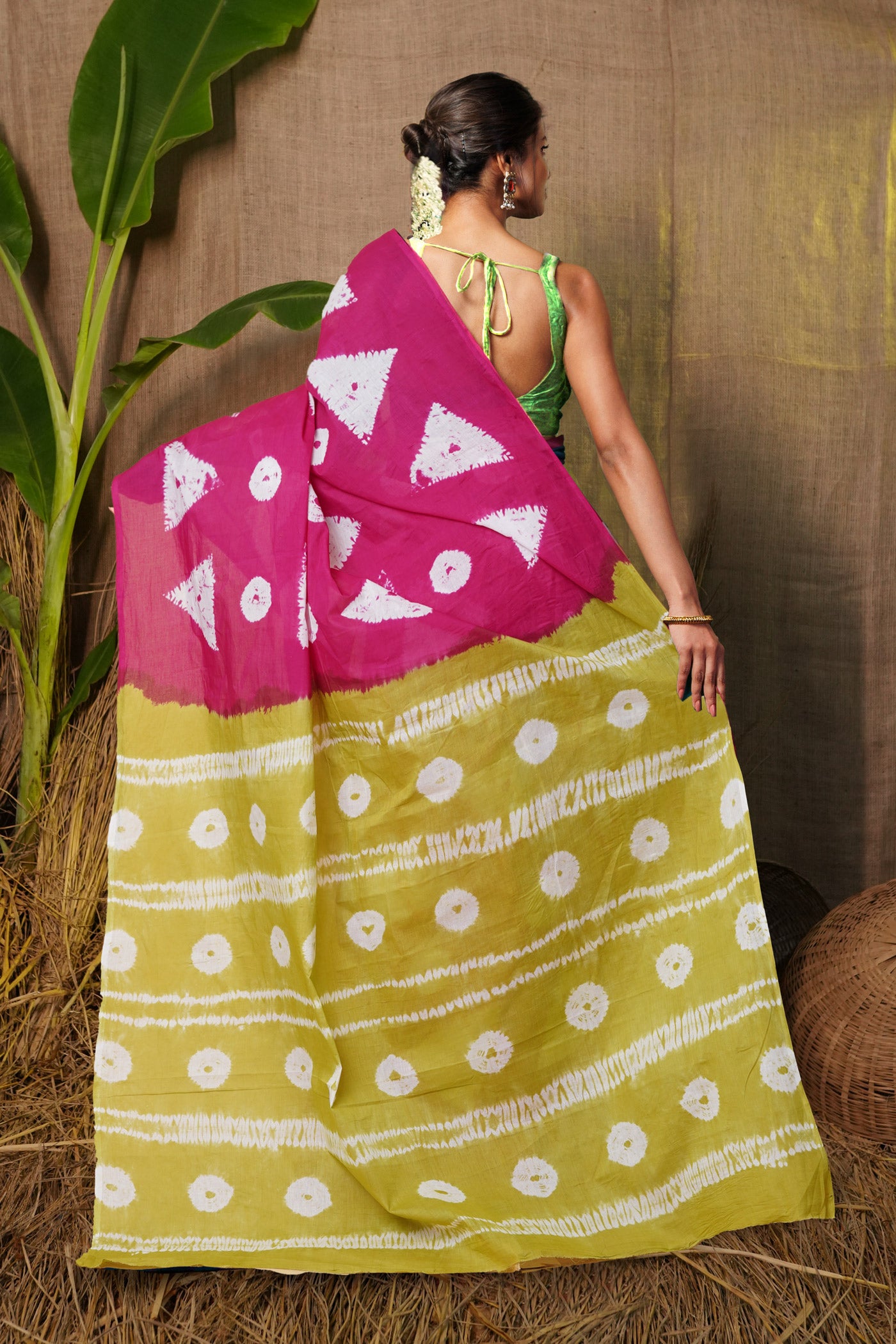 Pink-Green Pure Tie And Dye Shibori Printed Soft Cotton Saree-UNM79070