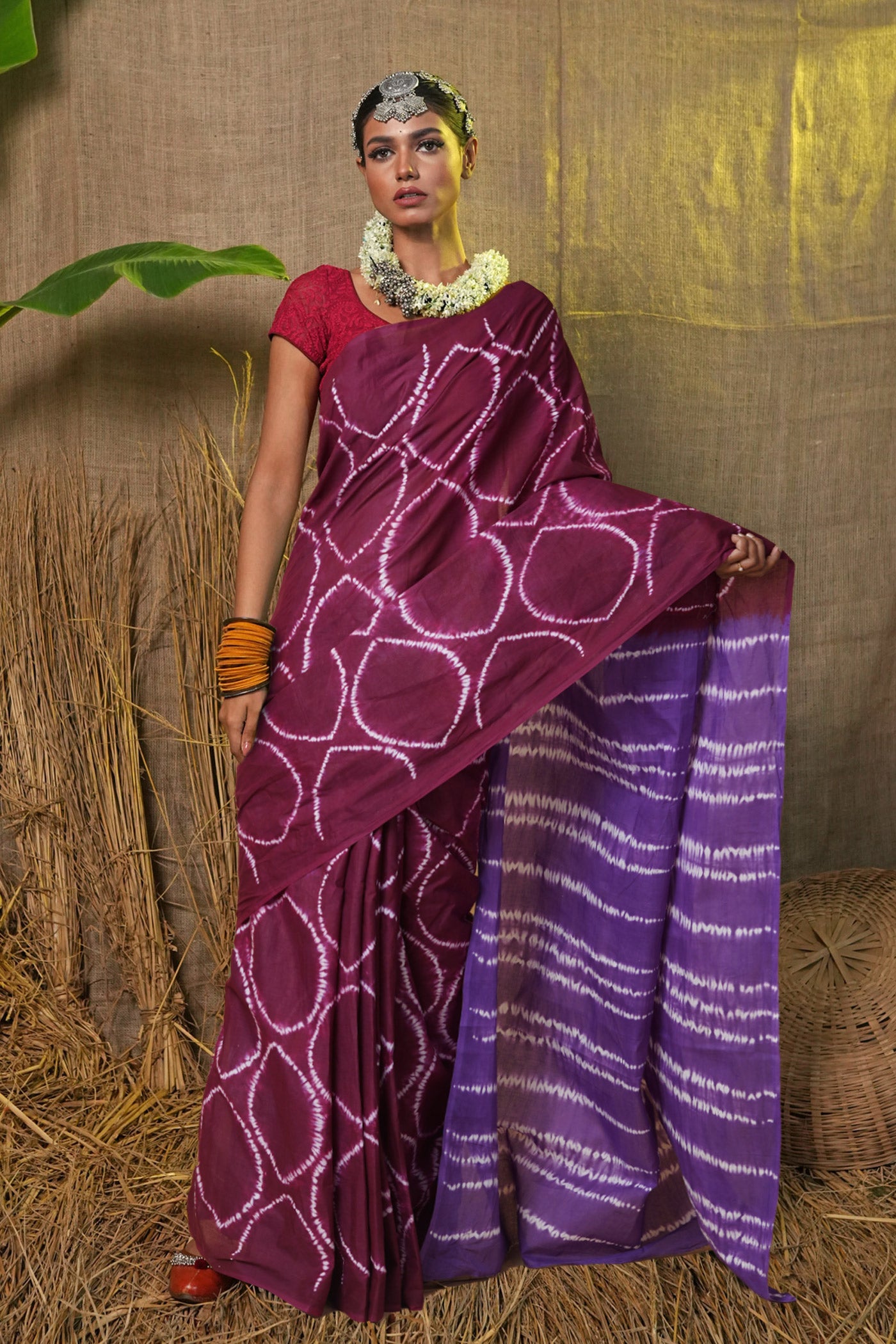 Purple-Violet Pure Tie And Dye Shibori Printed Soft Cotton Saree-UNM79071