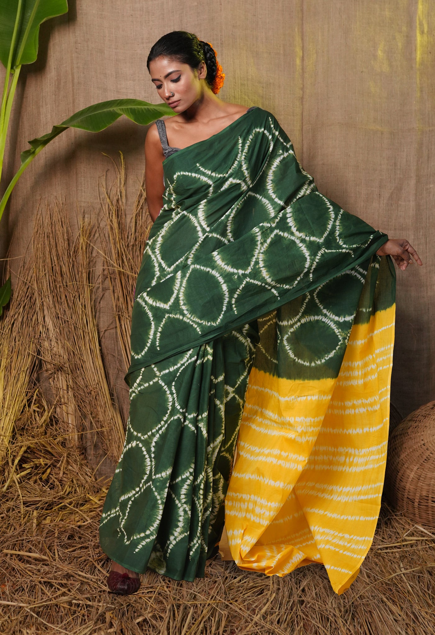 Green-Yellow Pure Tie And Dye Shibori Printed Soft Cotton Saree-UNM79072