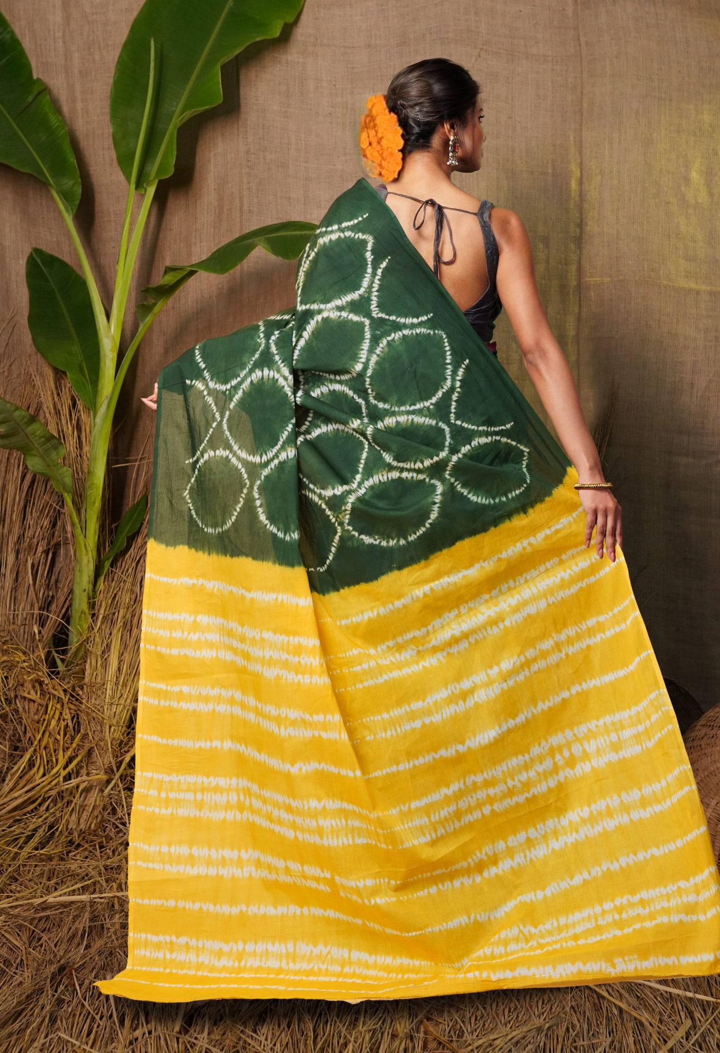 Green-Yellow Pure Tie And Dye Shibori Printed Soft Cotton Saree-UNM79072