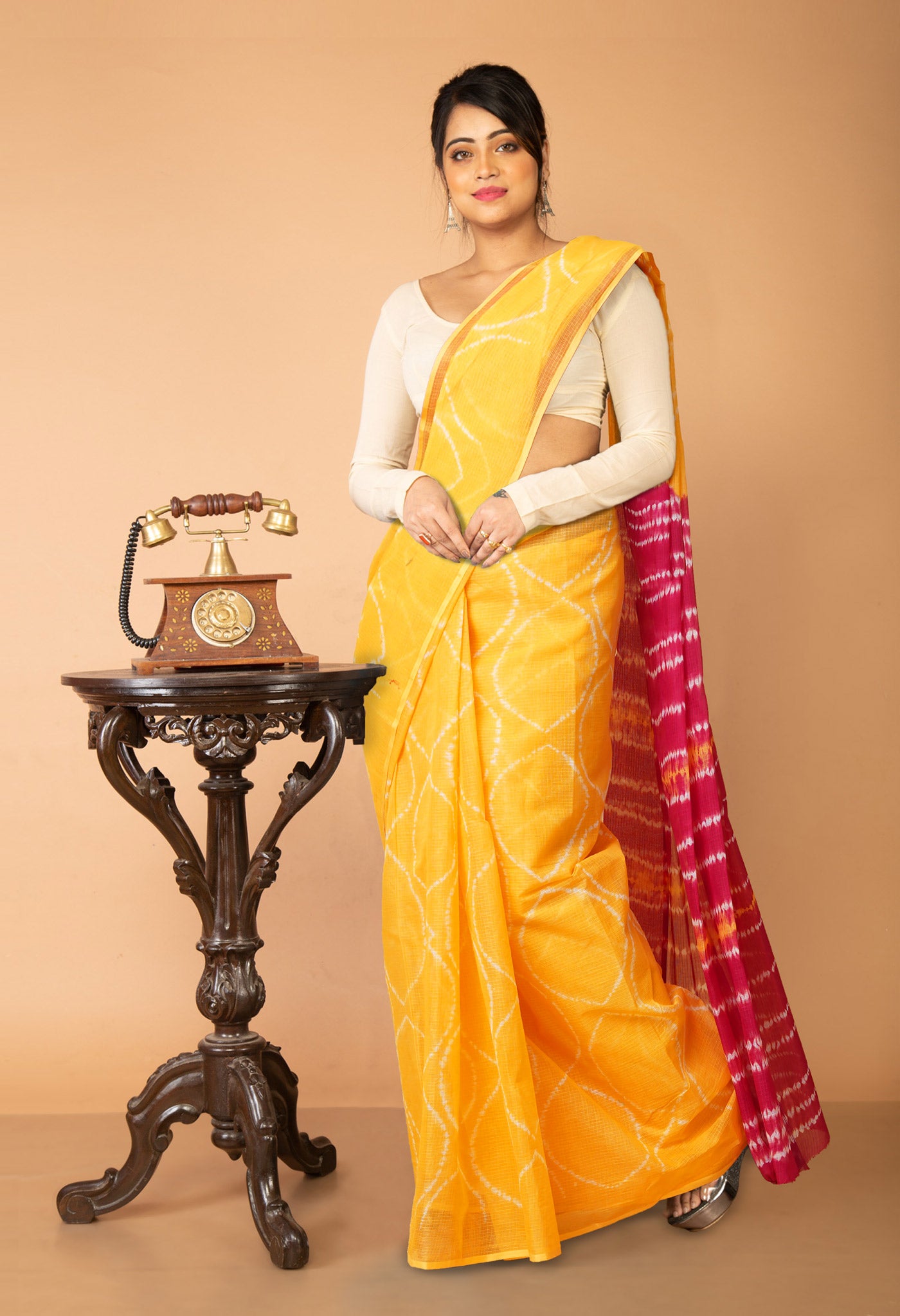 Yellow-Pink Pure Tie And Dye Shibori Printed Kota Saree-UNM79086