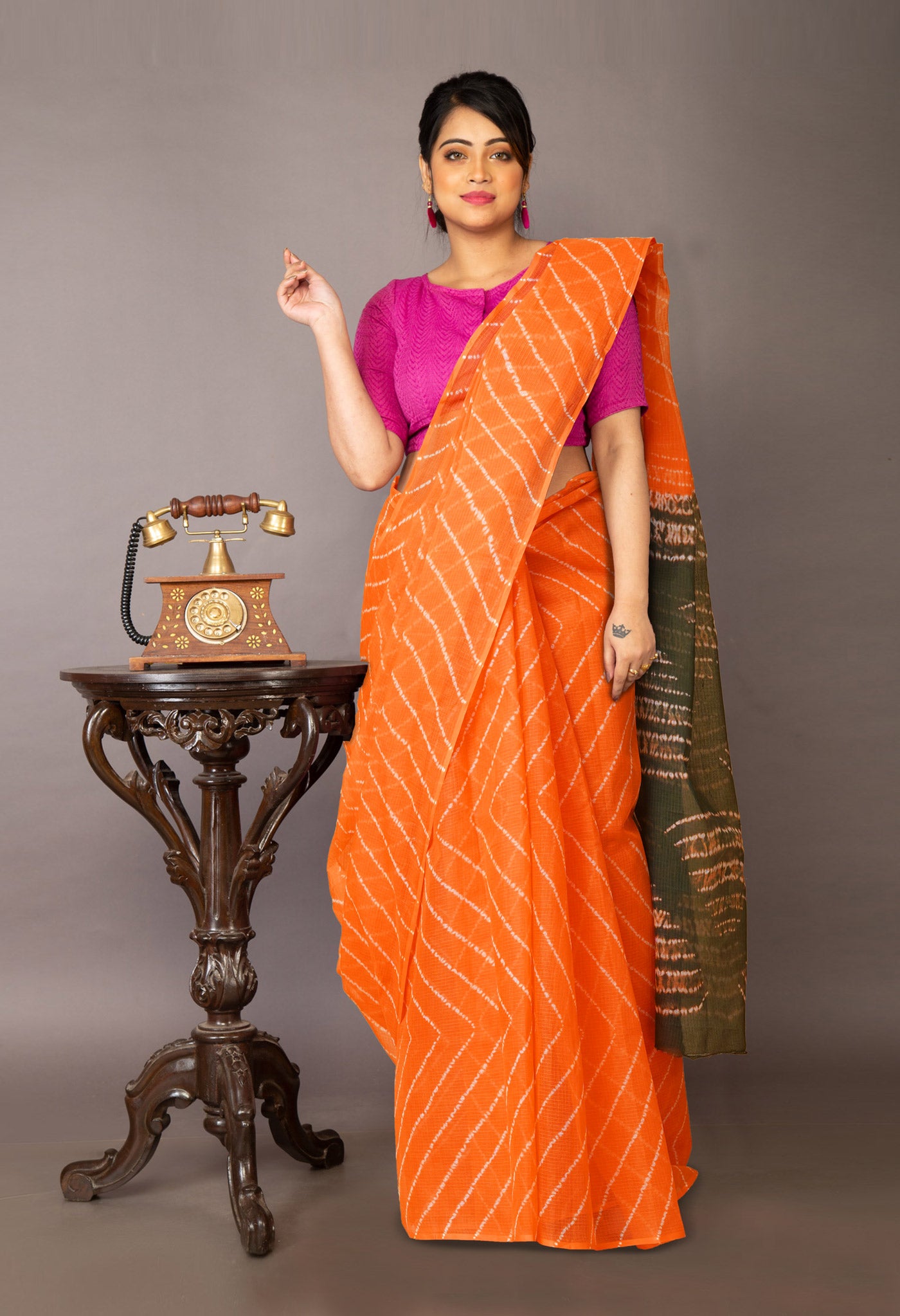 Orange-Green Pure Tie And Dye Shibori Printed Kota Saree-UNM79089