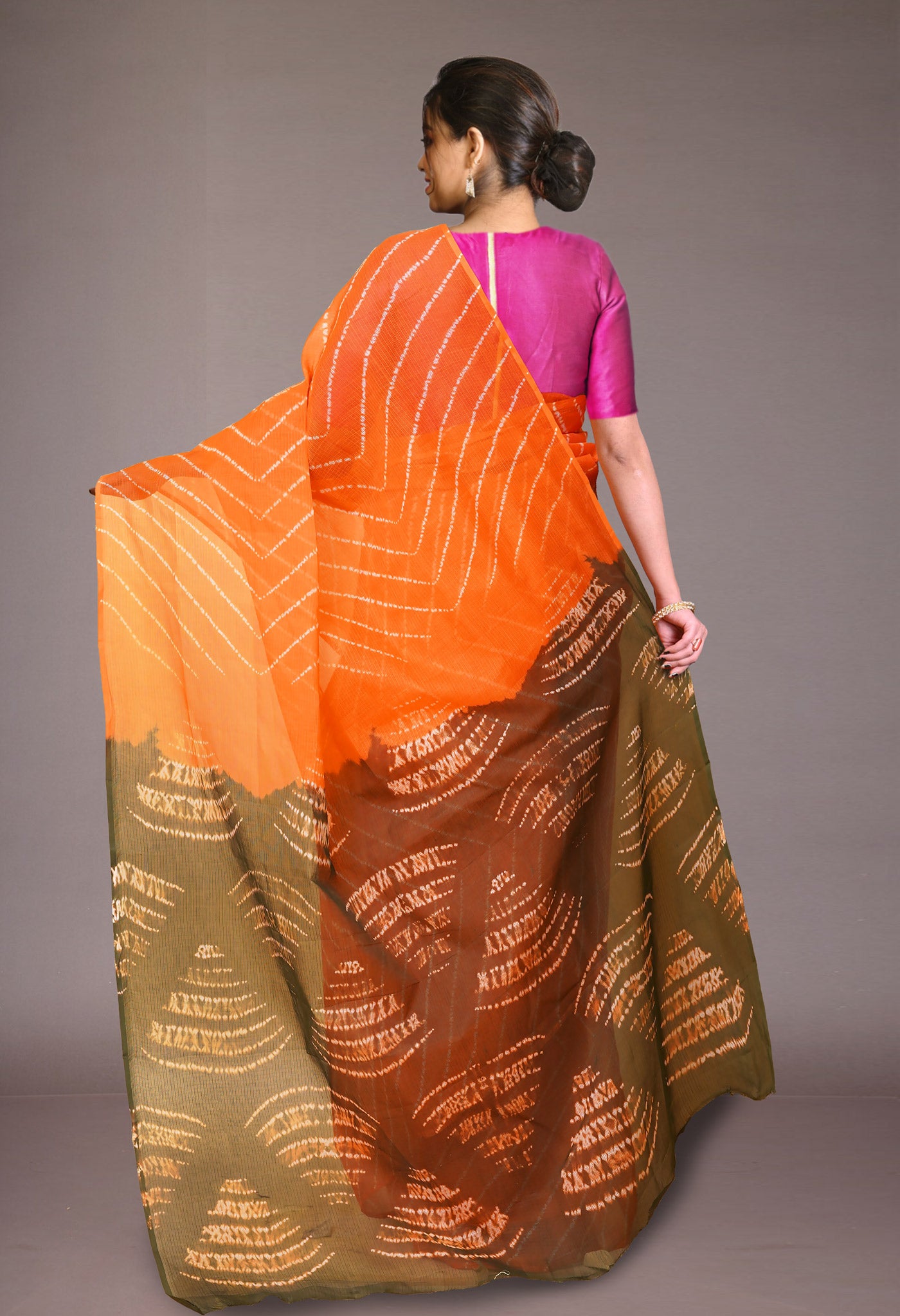 Orange-Green Pure Tie And Dye Shibori Printed Kota Saree-UNM79089