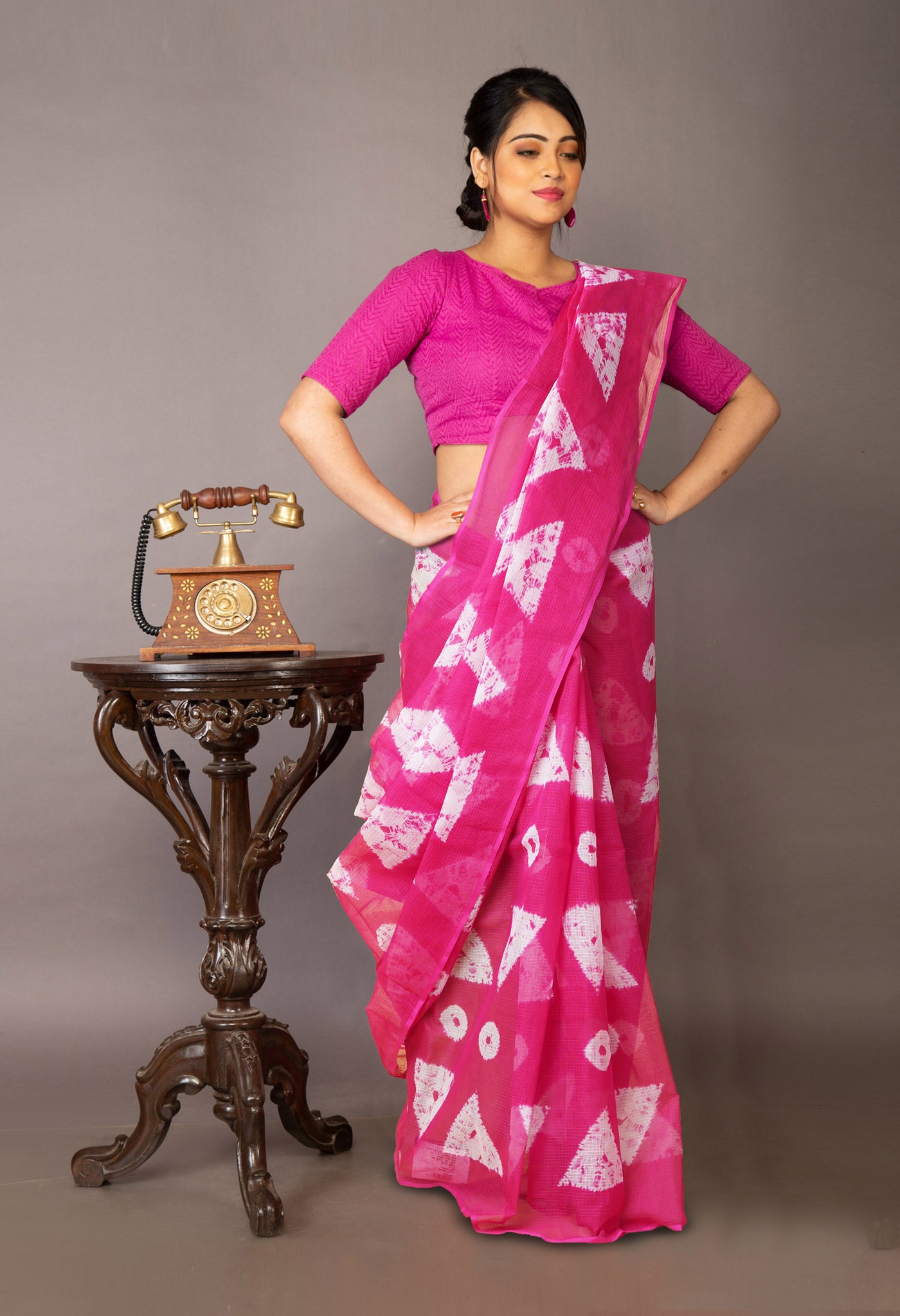 Pink-Green Pure Tie And Dye Shibori Printed Kota Saree