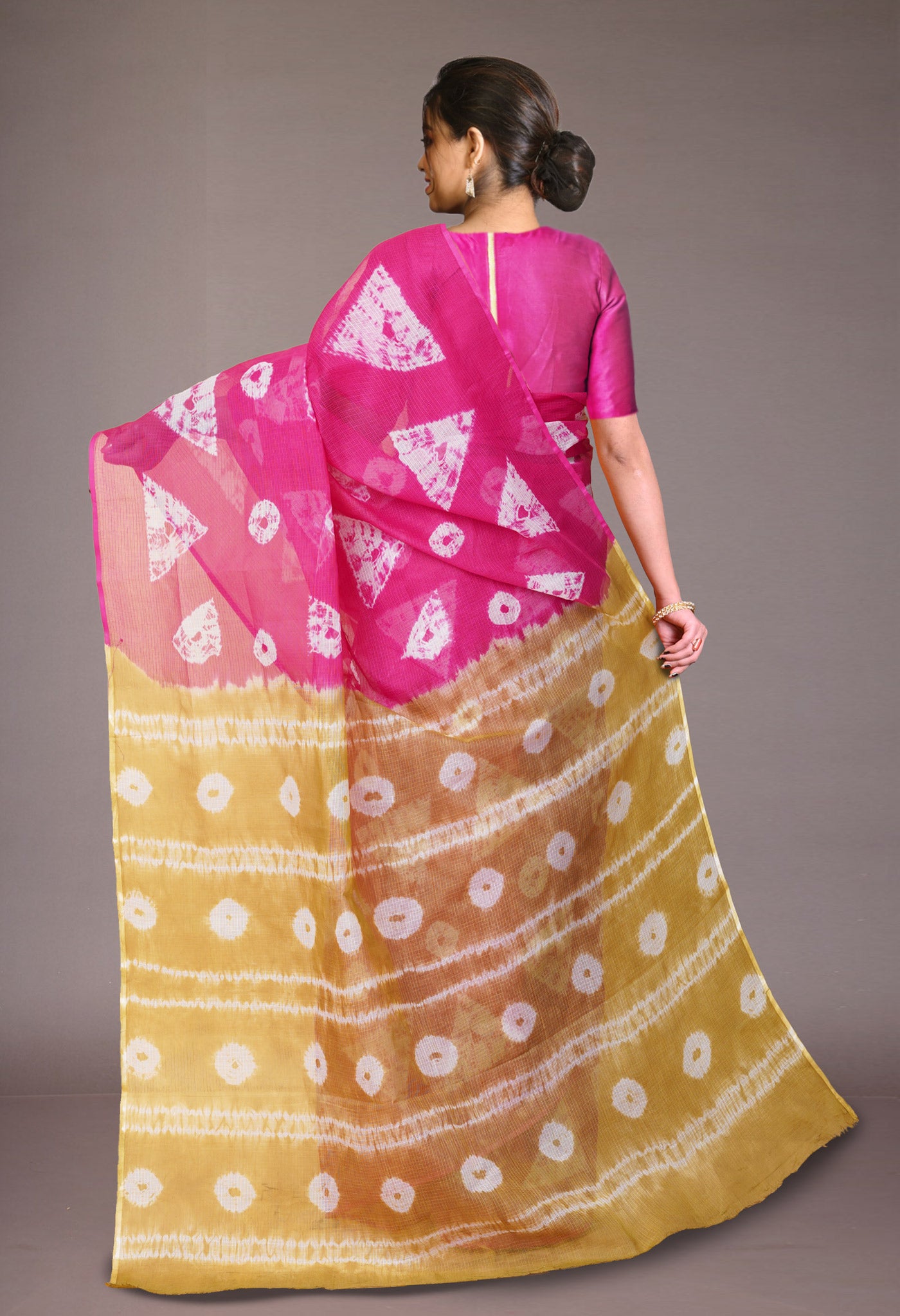 Pink-Green Pure Tie And Dye Shibori Printed Kota Saree