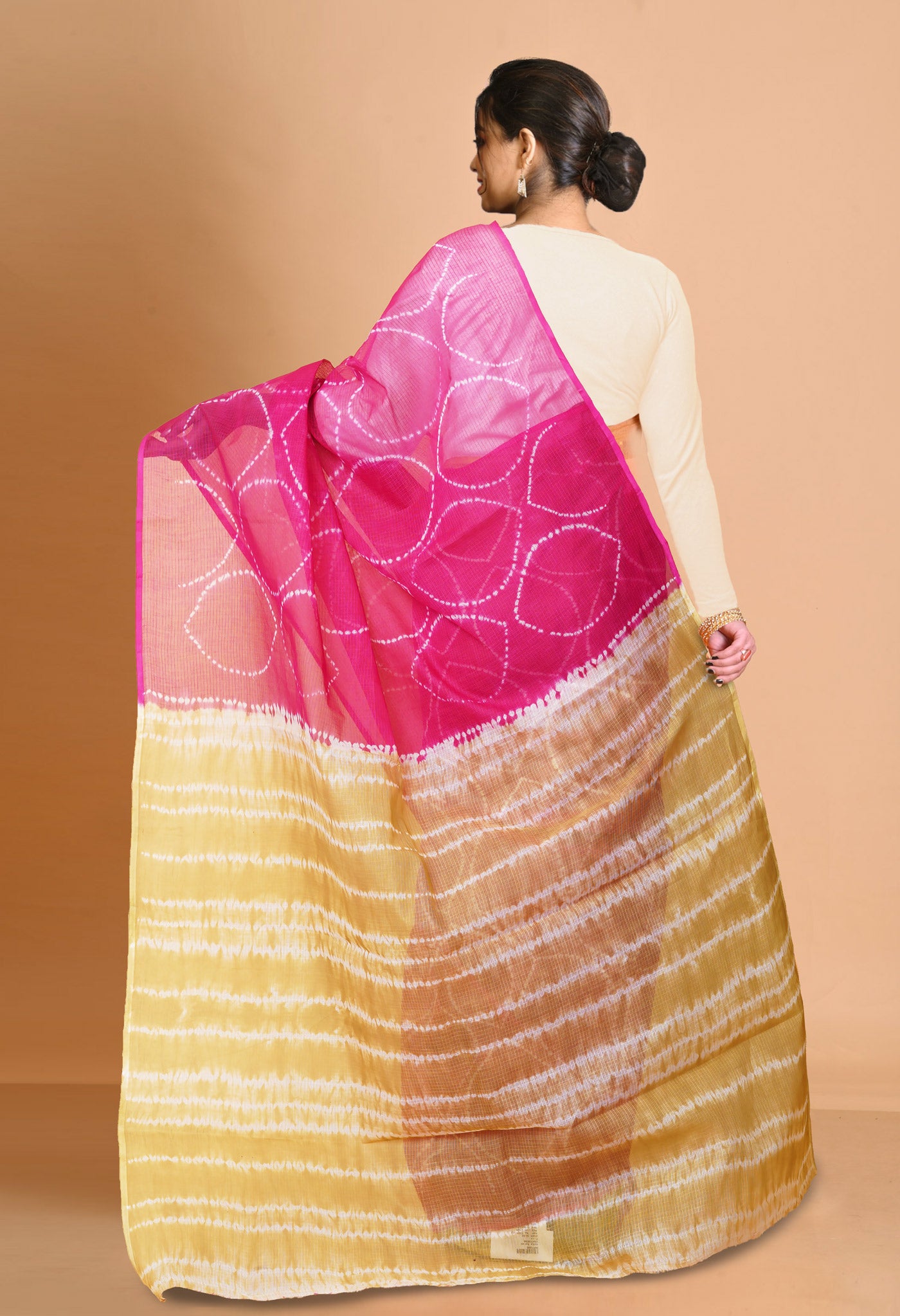 Pink-Green Pure Tie And Dye Shibori Printed Kota Saree