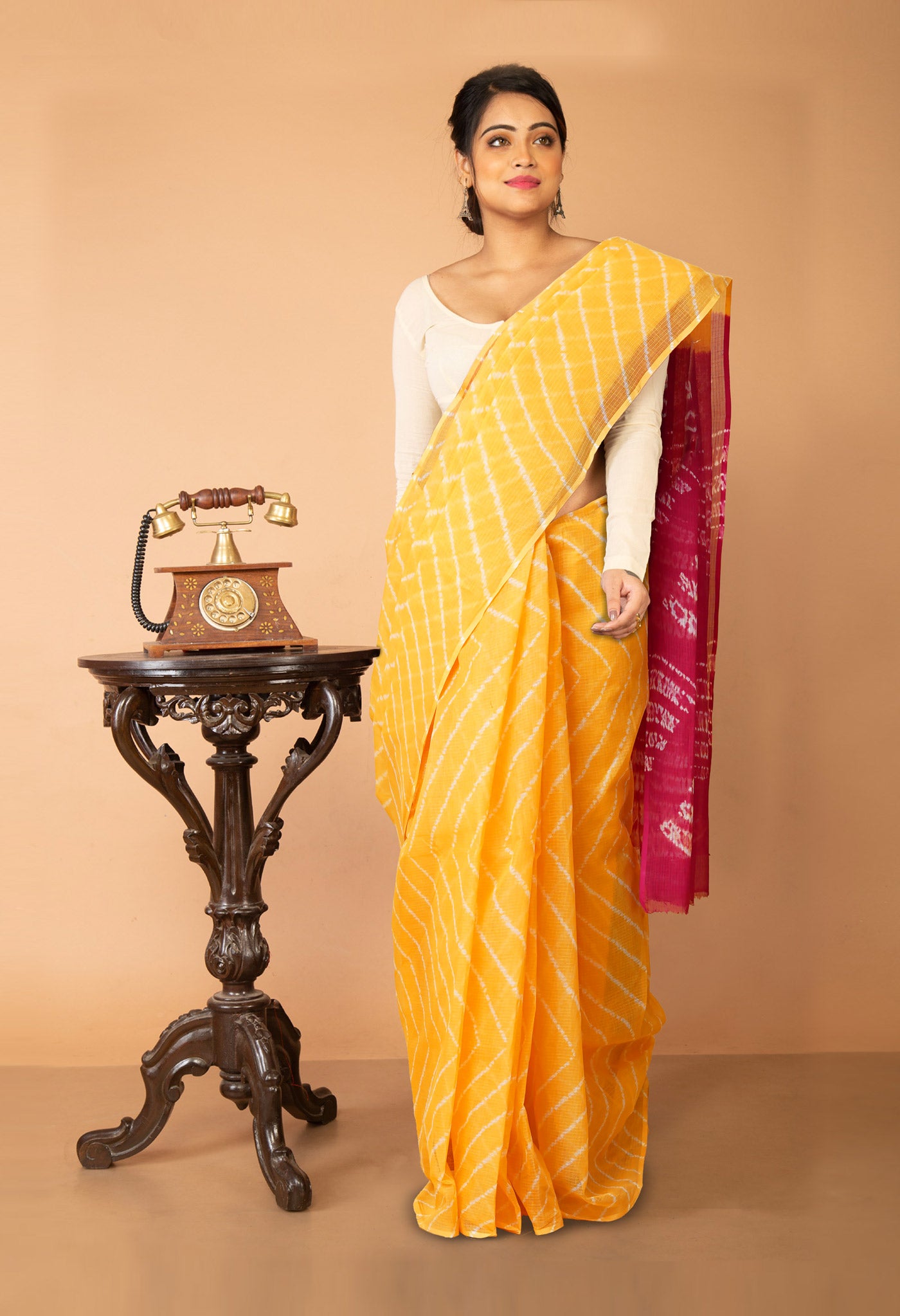 Yellow-Pink Pure Tie And Dye Shibori Printed Kota Saree-UNM79097