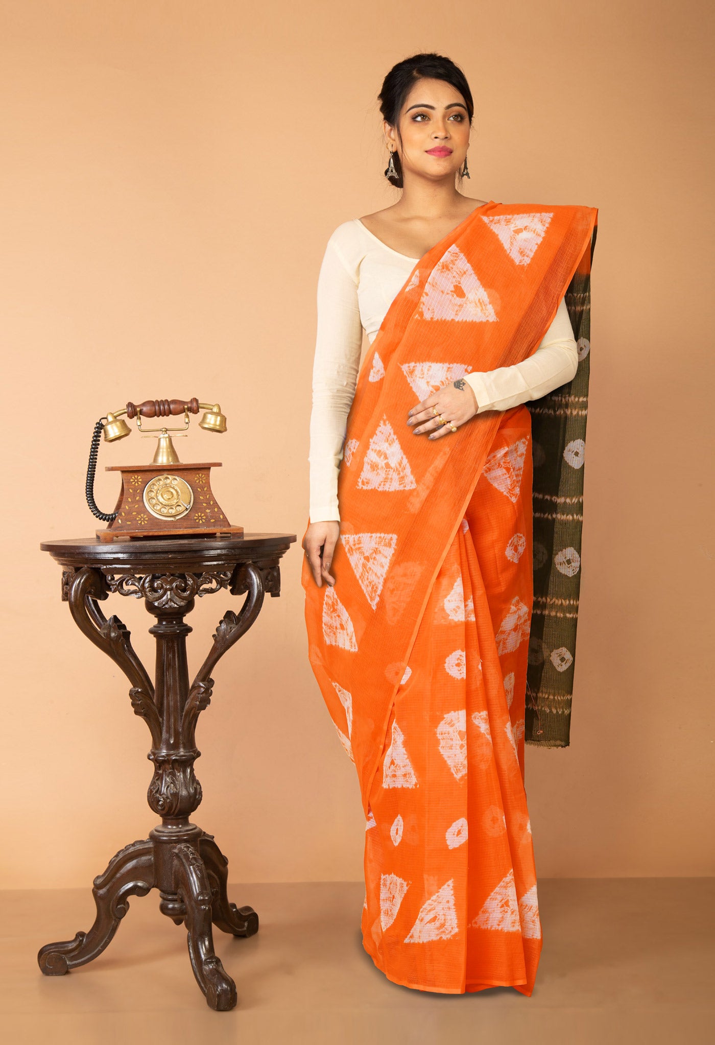 Orange-Green Pure Tie And Dye Shibori Printed Kota Saree-UNM79099