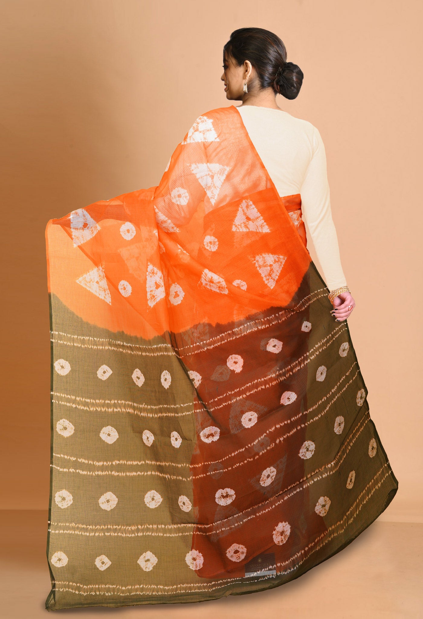 Orange-Green Pure Tie And Dye Shibori Printed Kota Saree-UNM79099