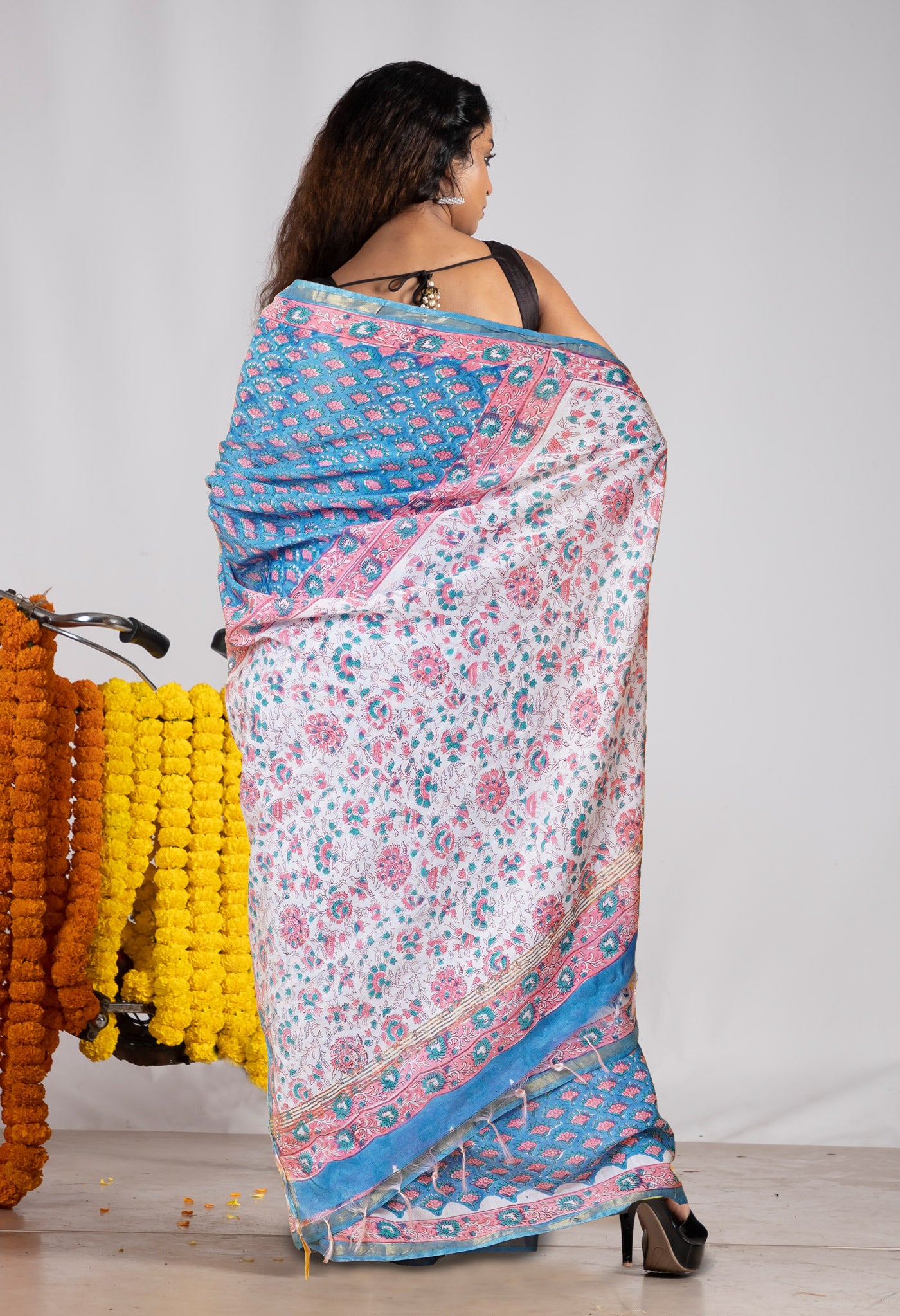 Blue Pure Pashmina Block Printed Chanderi Soft Silk Saree