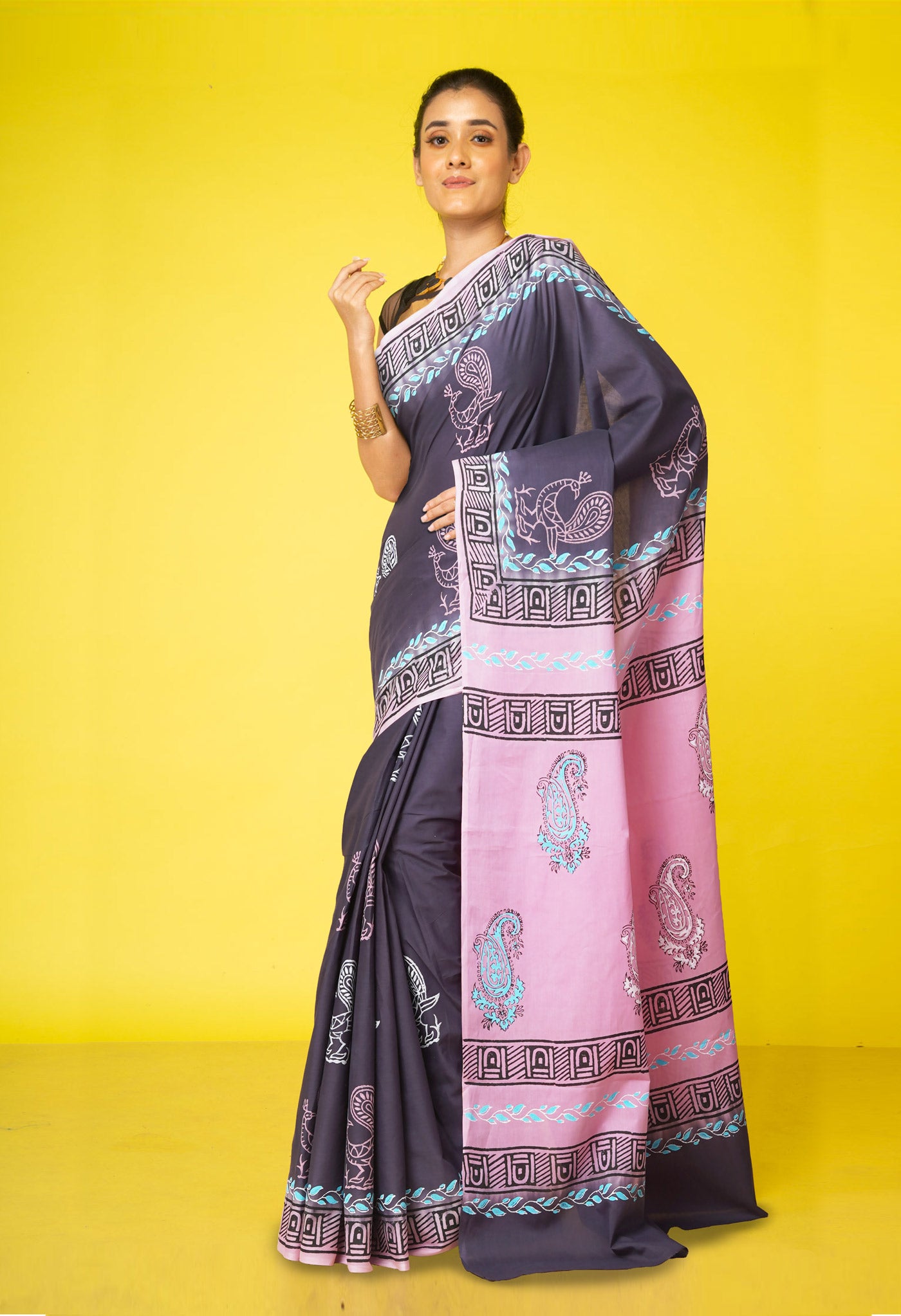 Grey Pure Hand Block Printed Soft Cotton Saree-UNM79171