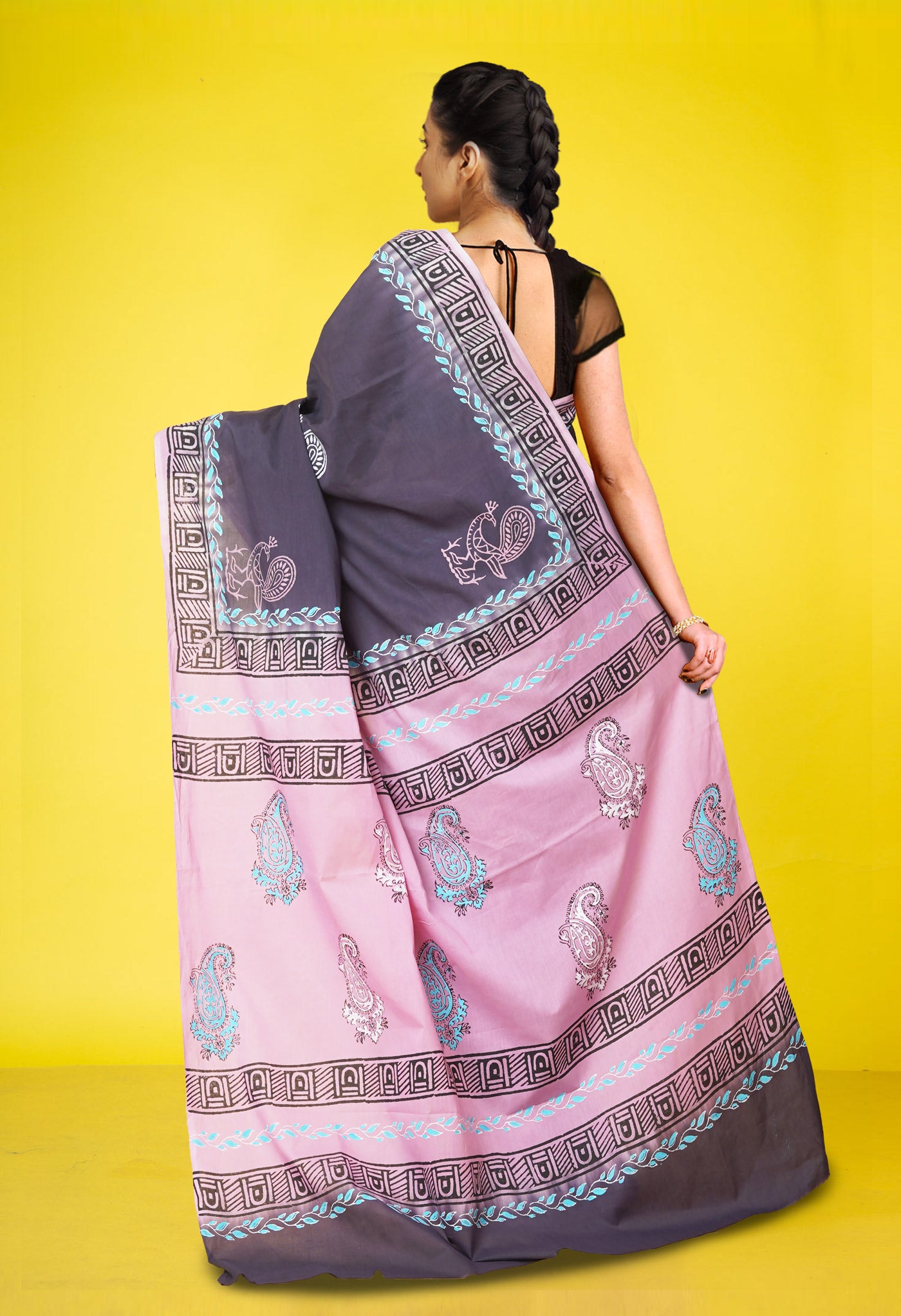 Grey Pure Hand Block Printed Soft Cotton Saree-UNM79171