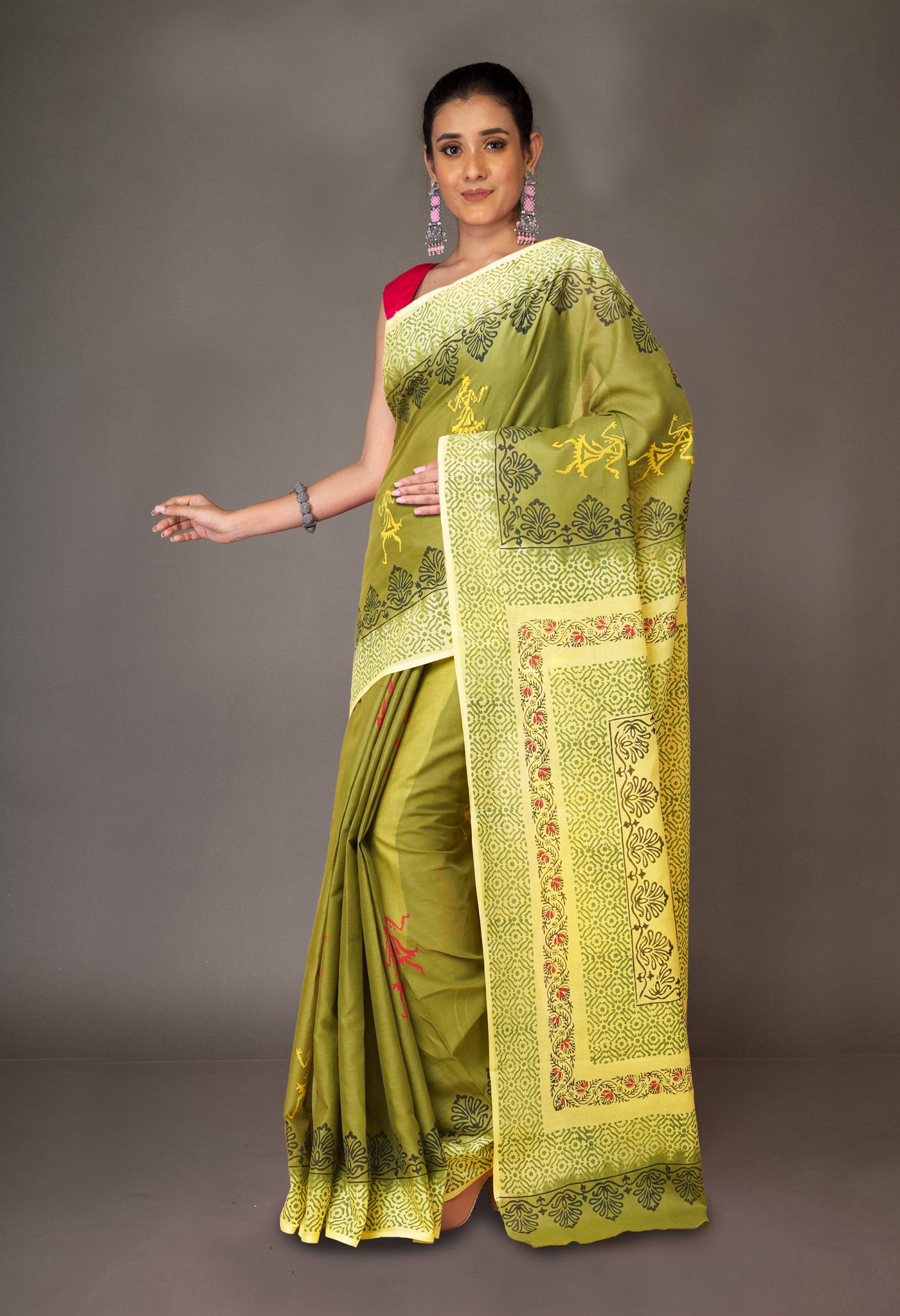 Green Pure Hand Block Printed Soft Cotton Saree-UNM79173