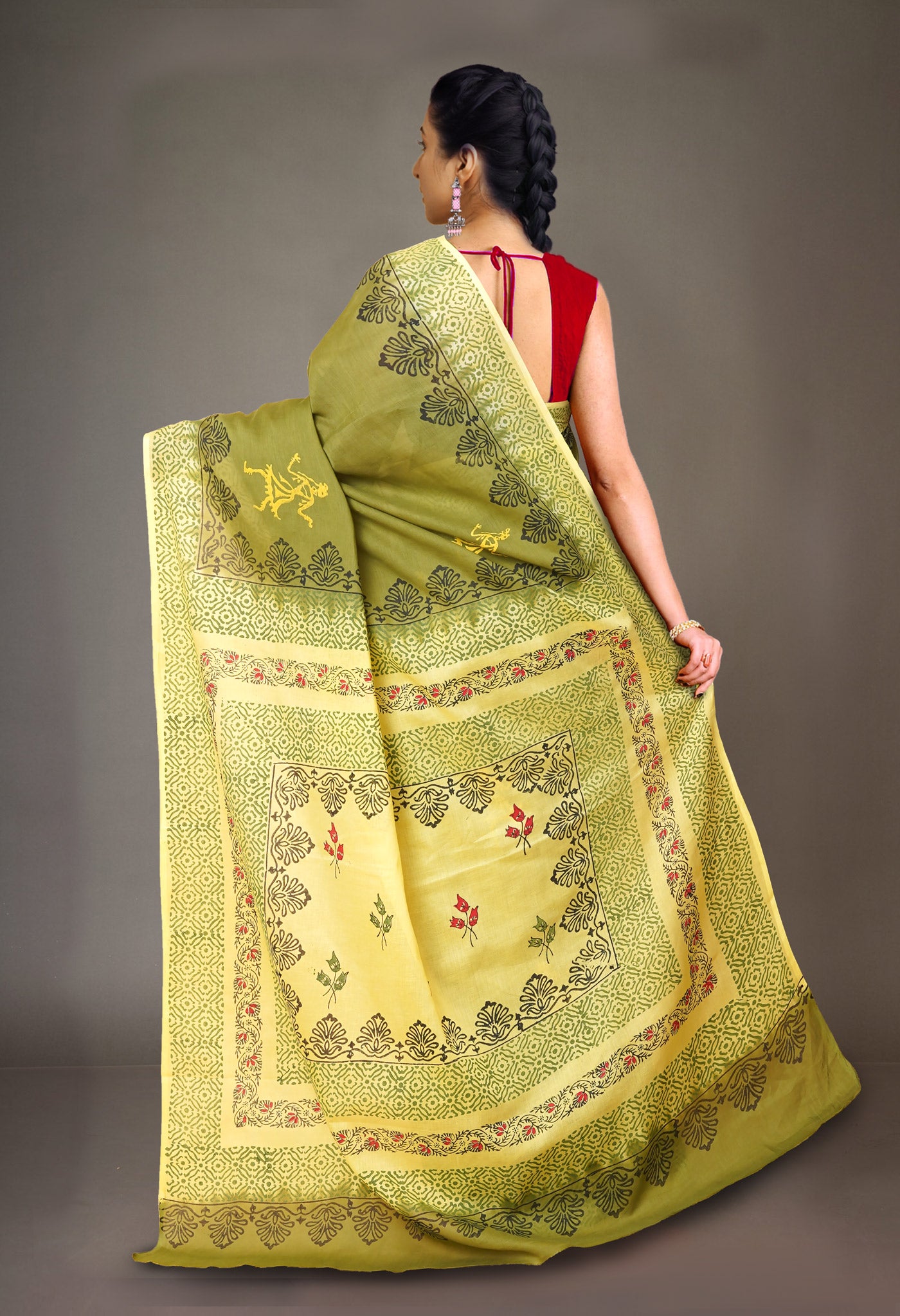 Green Pure Hand Block Printed Soft Cotton Saree-UNM79173