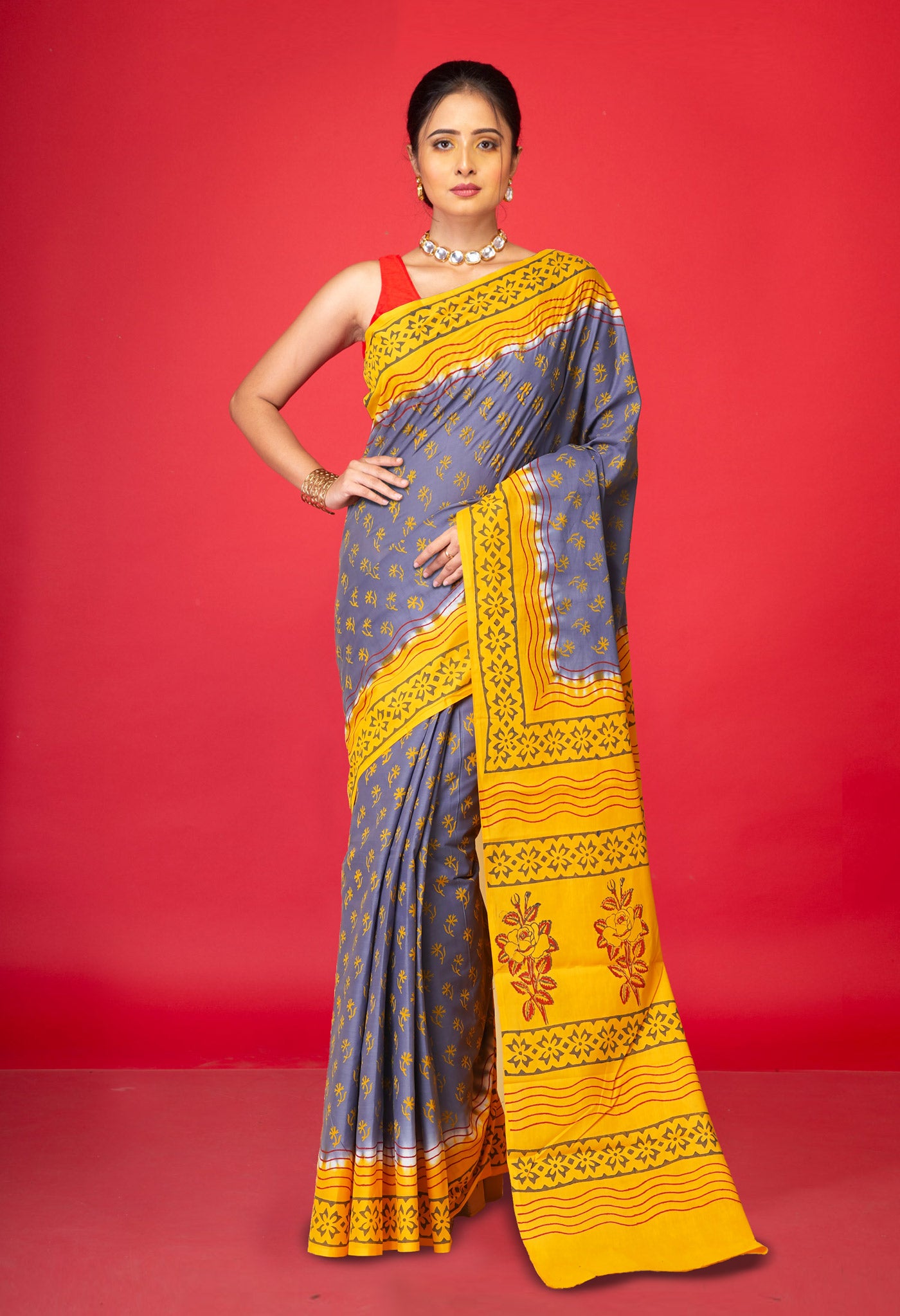 Grey Pure Hand Block Printed Soft Cotton Saree