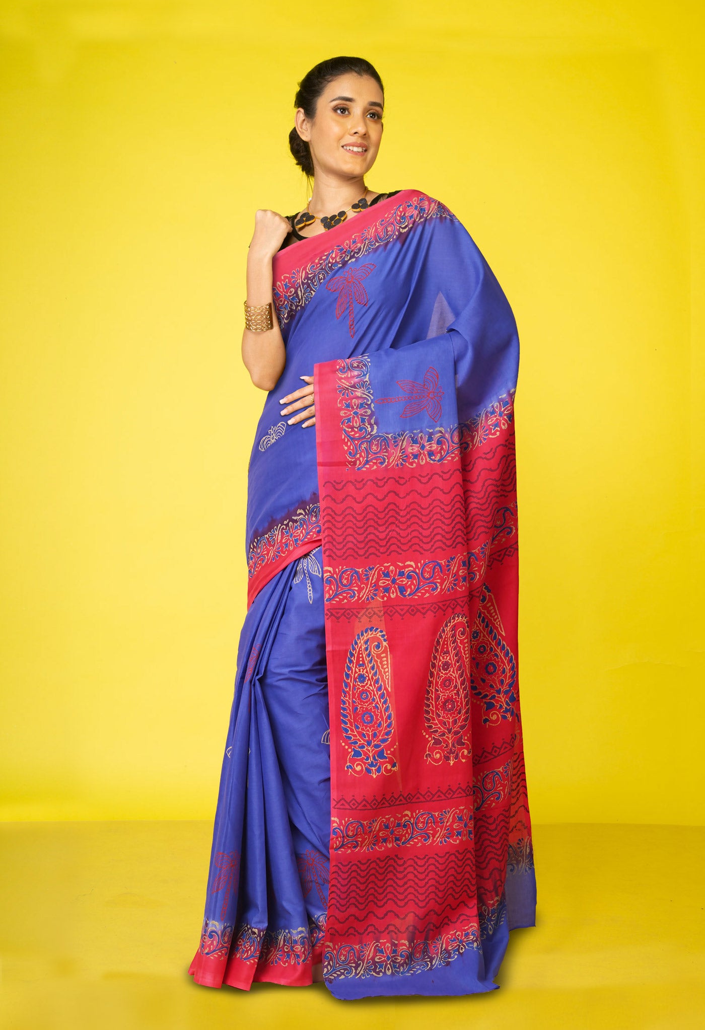 Blue Pure Hand Block Printed Soft Cotton Saree-UNM79176