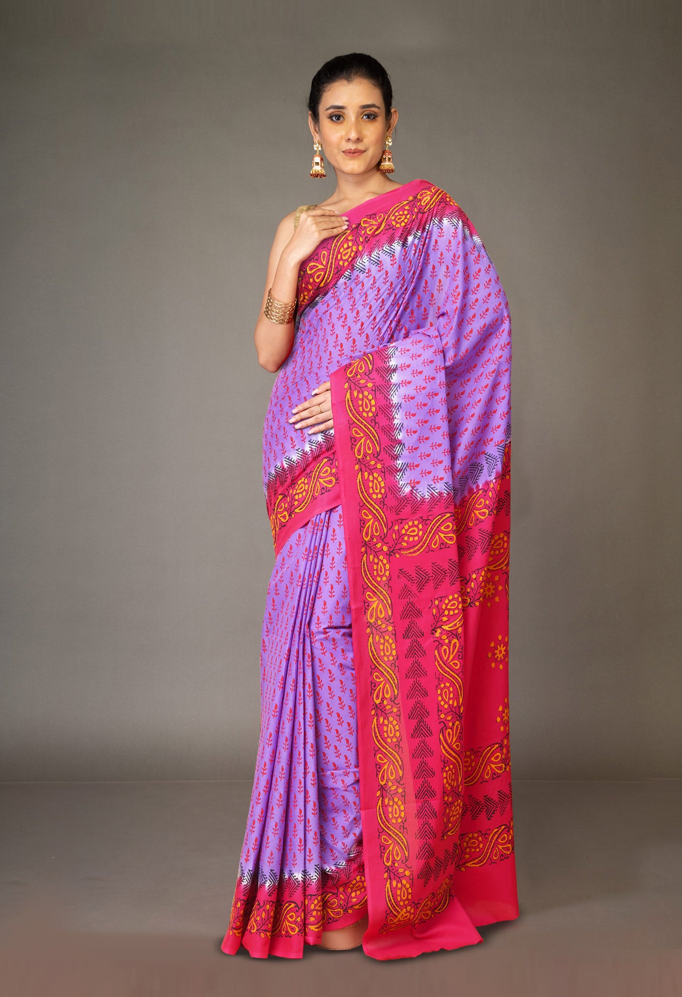 Lavender Pure Hand Block Printed Soft Cotton Saree-UNM79178