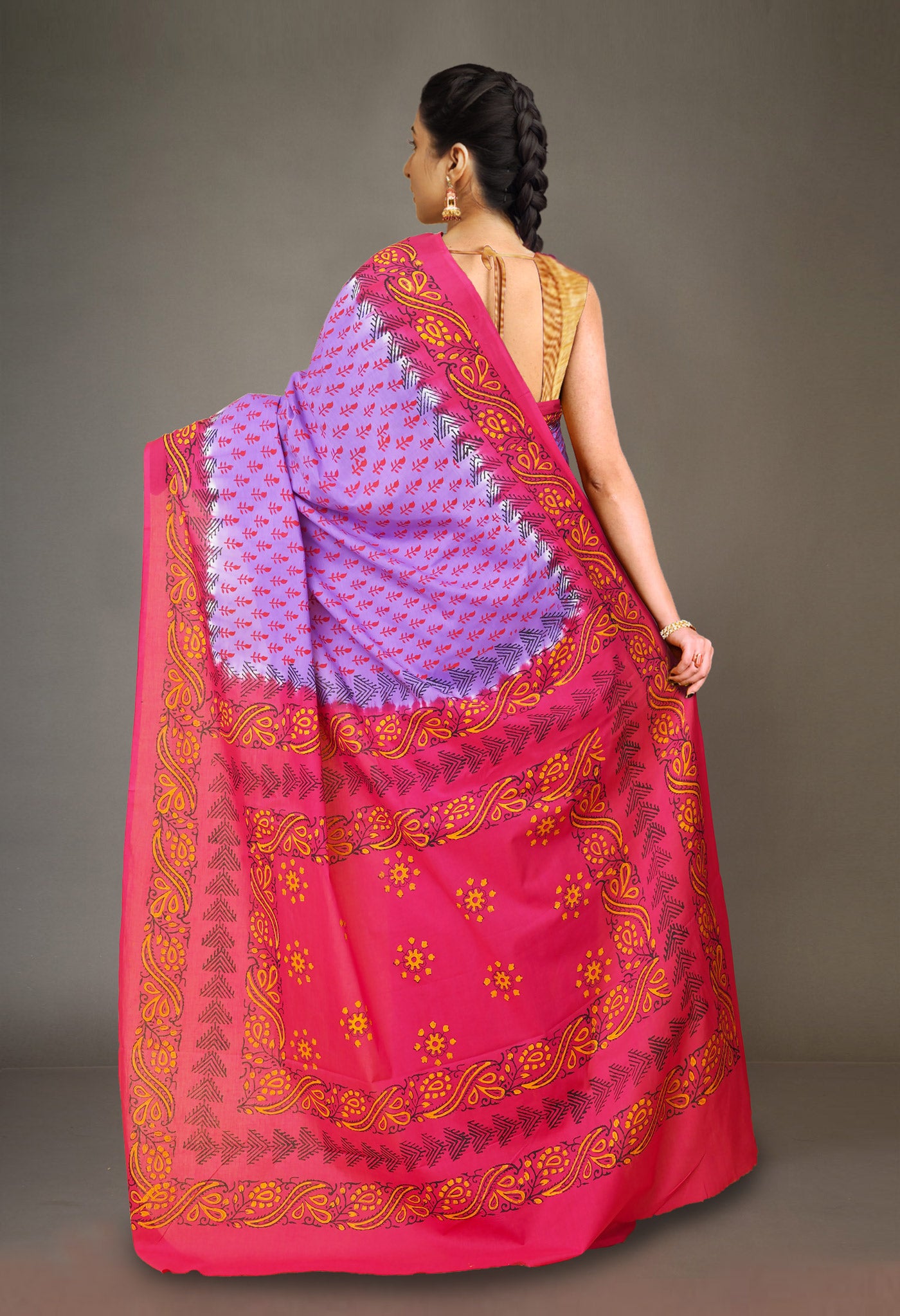 Lavender Pure Hand Block Printed Soft Cotton Saree-UNM79178