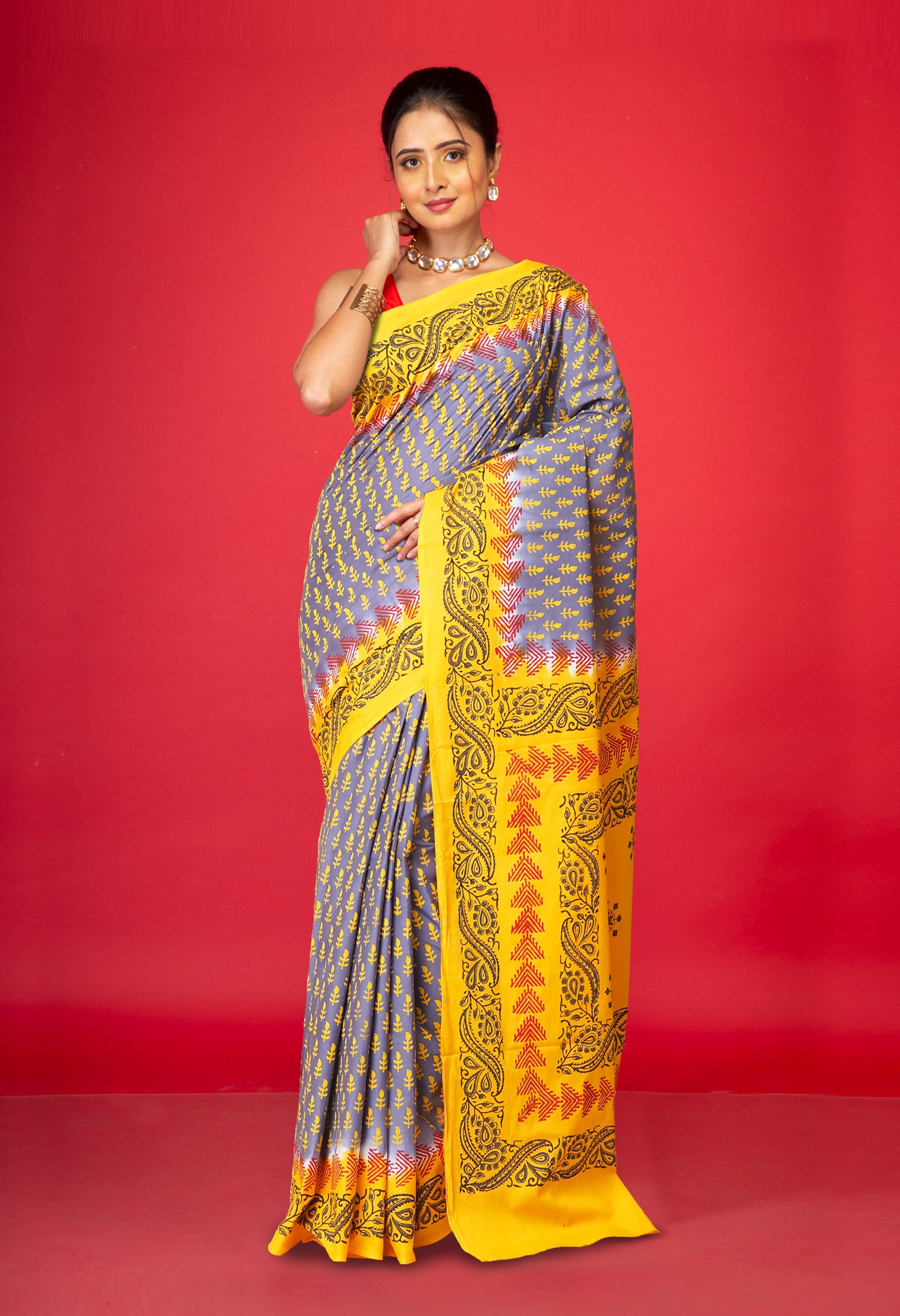 Grey Pure Hand Block Printed Soft Cotton Saree-UNM79179