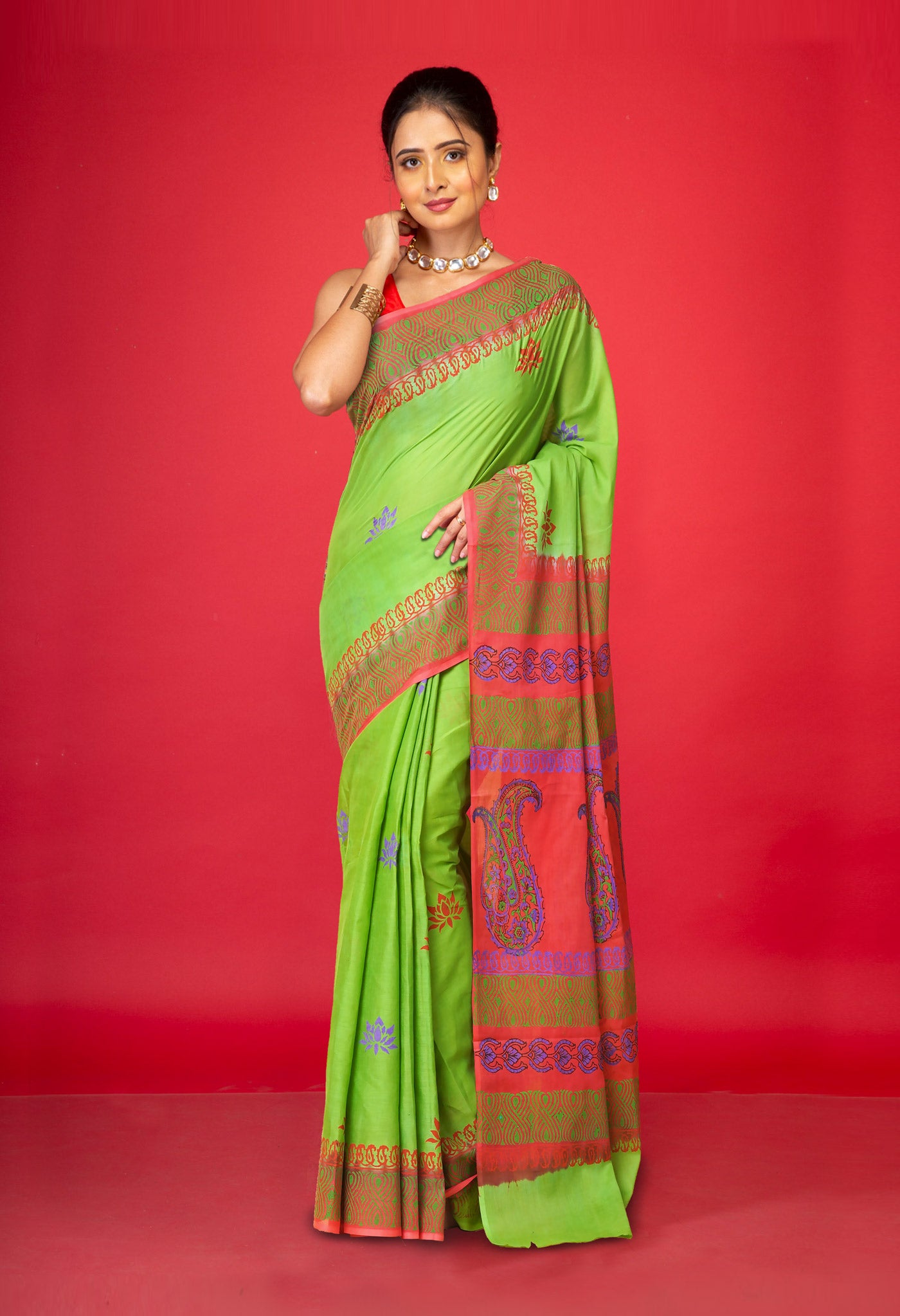 Green Pure Hand Block Printed Soft Cotton Saree-UNM79180