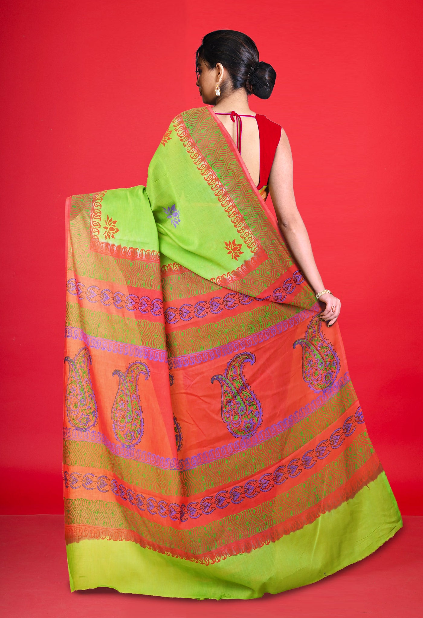 Green Pure Hand Block Printed Soft Cotton Saree-UNM79180