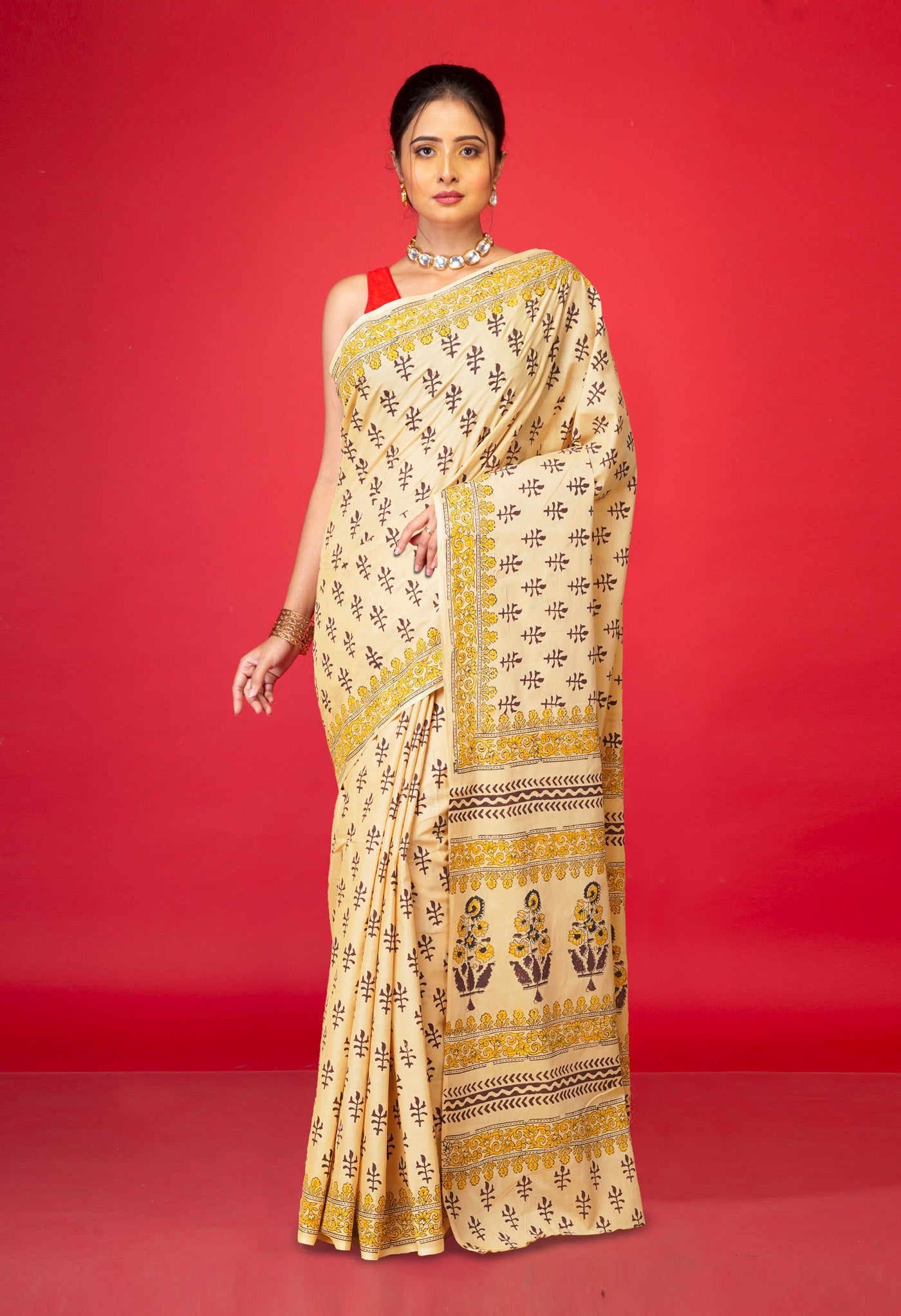 Cream Pure Hand Block Printed Soft Cotton Saree-UNM79184