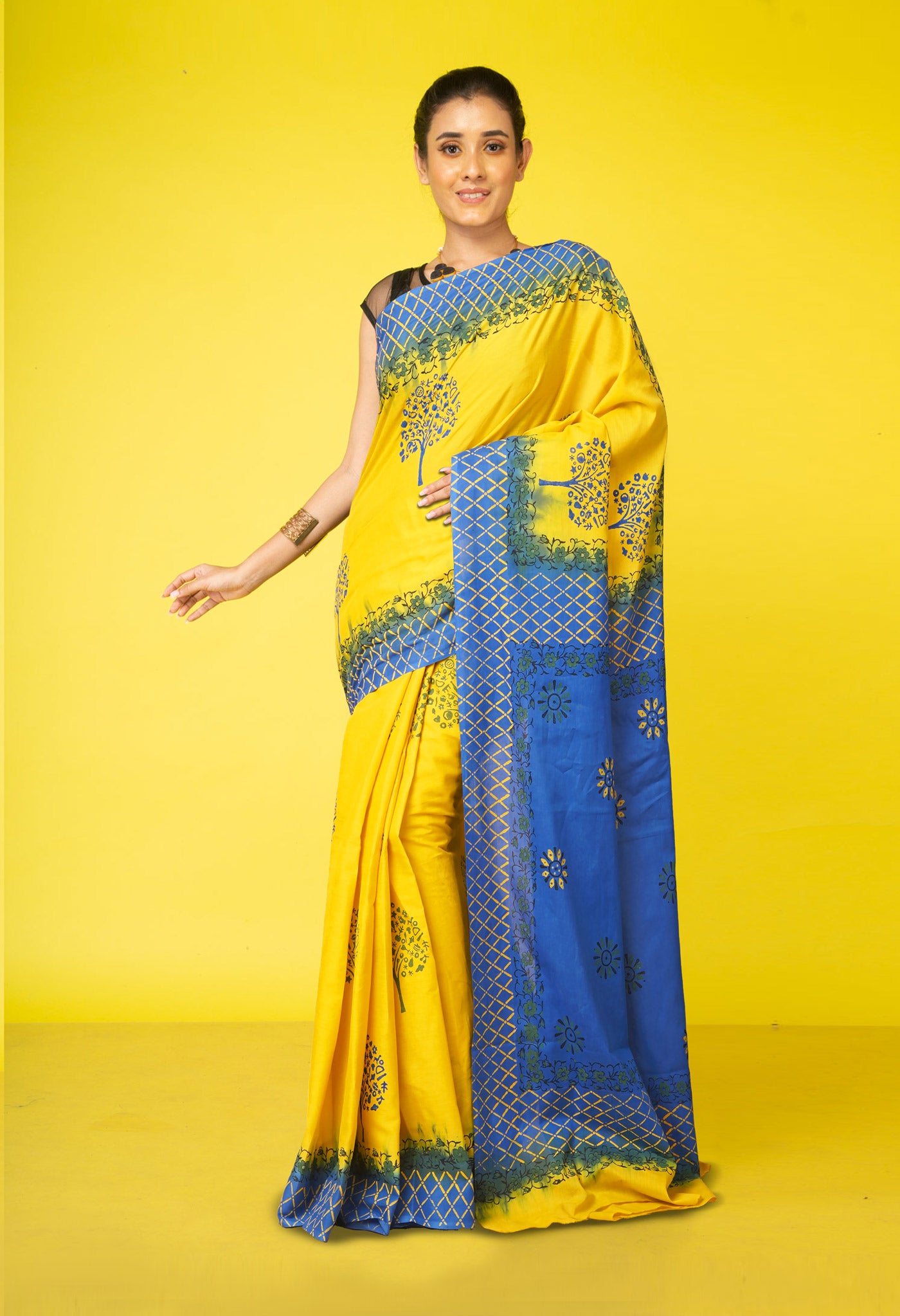 Yellow Pure Hand Block Printed Soft Cotton Saree