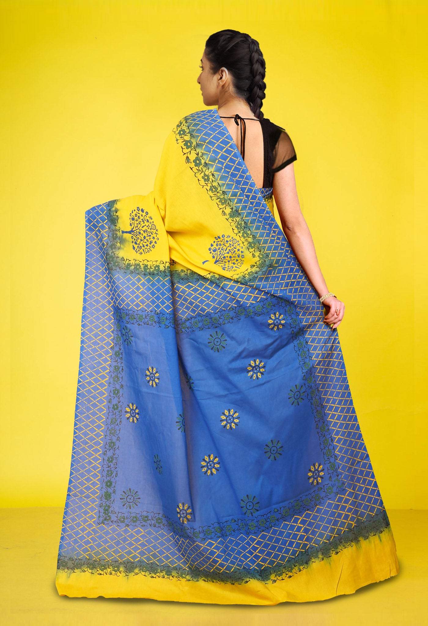 Yellow Pure Hand Block Printed Soft Cotton Saree