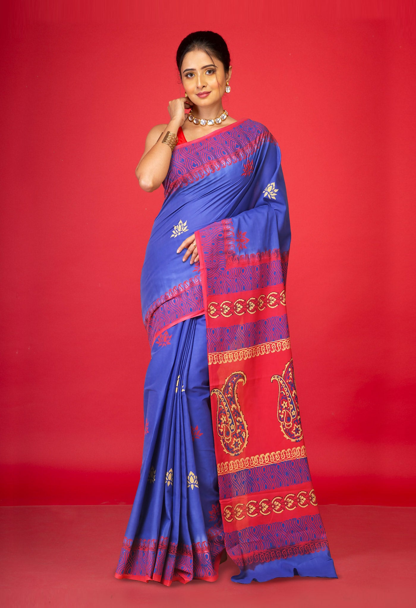 Blue Pure Hand Block Printed Soft Cotton Saree-UNM79187