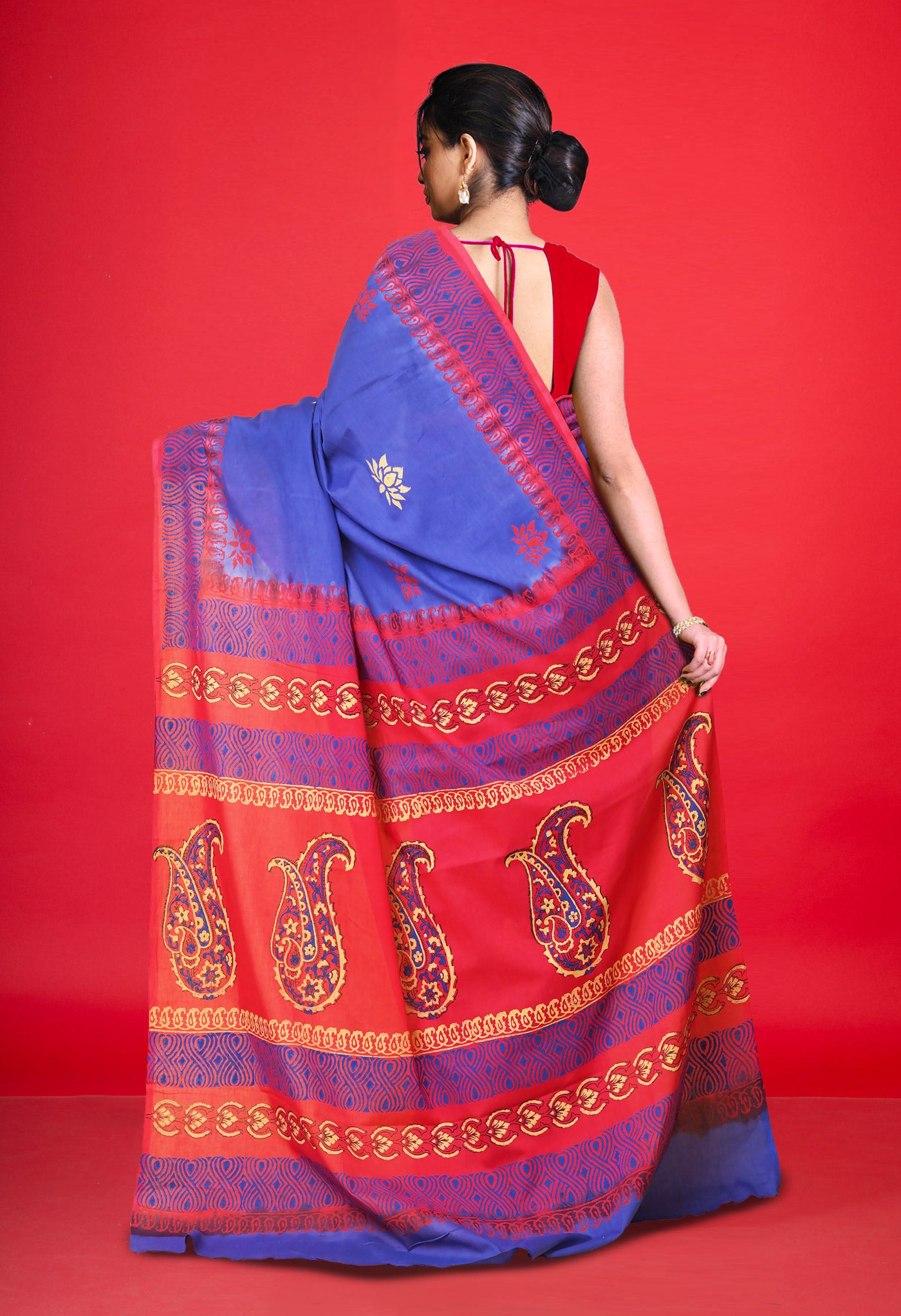 Blue Pure Hand Block Printed Soft Cotton Saree-UNM79187