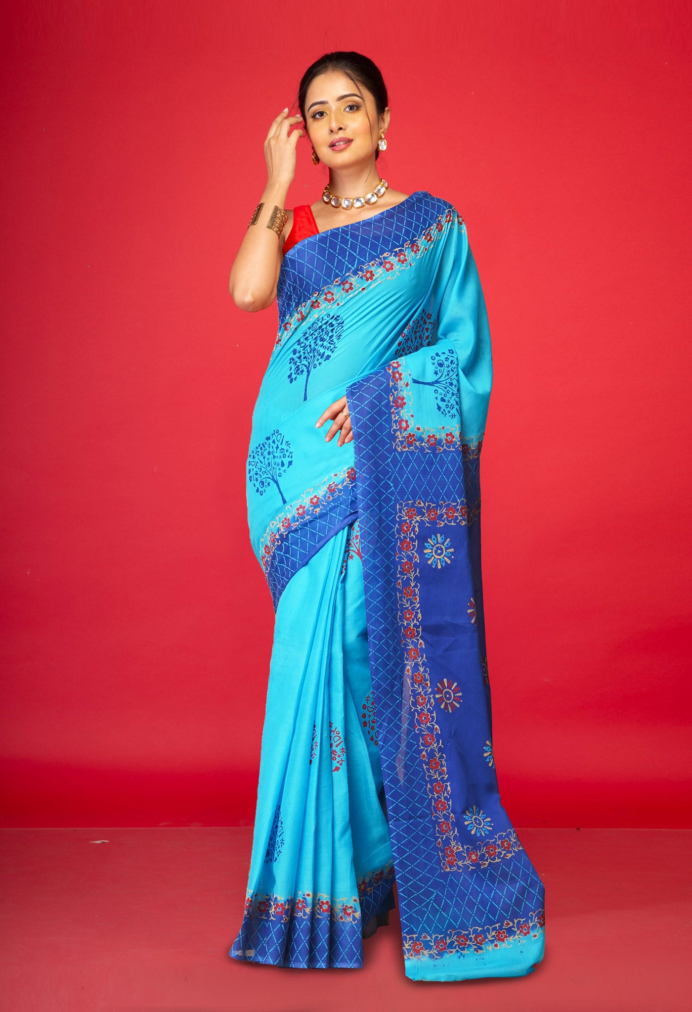 Blue Pure Hand Block Printed Soft Cotton Saree-UNM79189