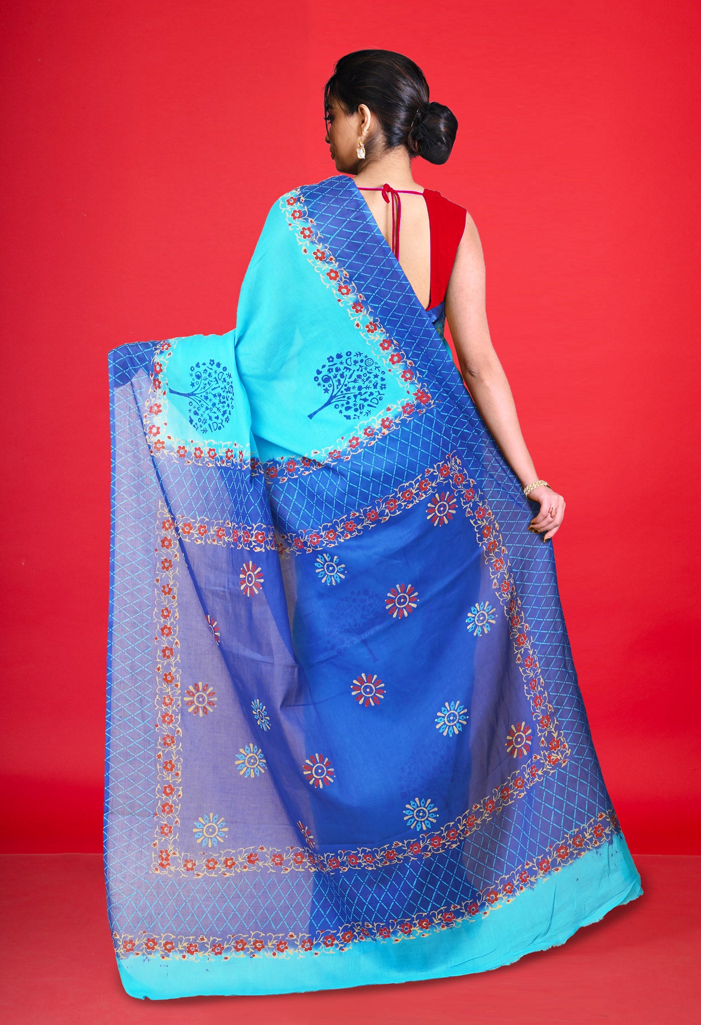 Blue Pure Hand Block Printed Soft Cotton Saree-UNM79189