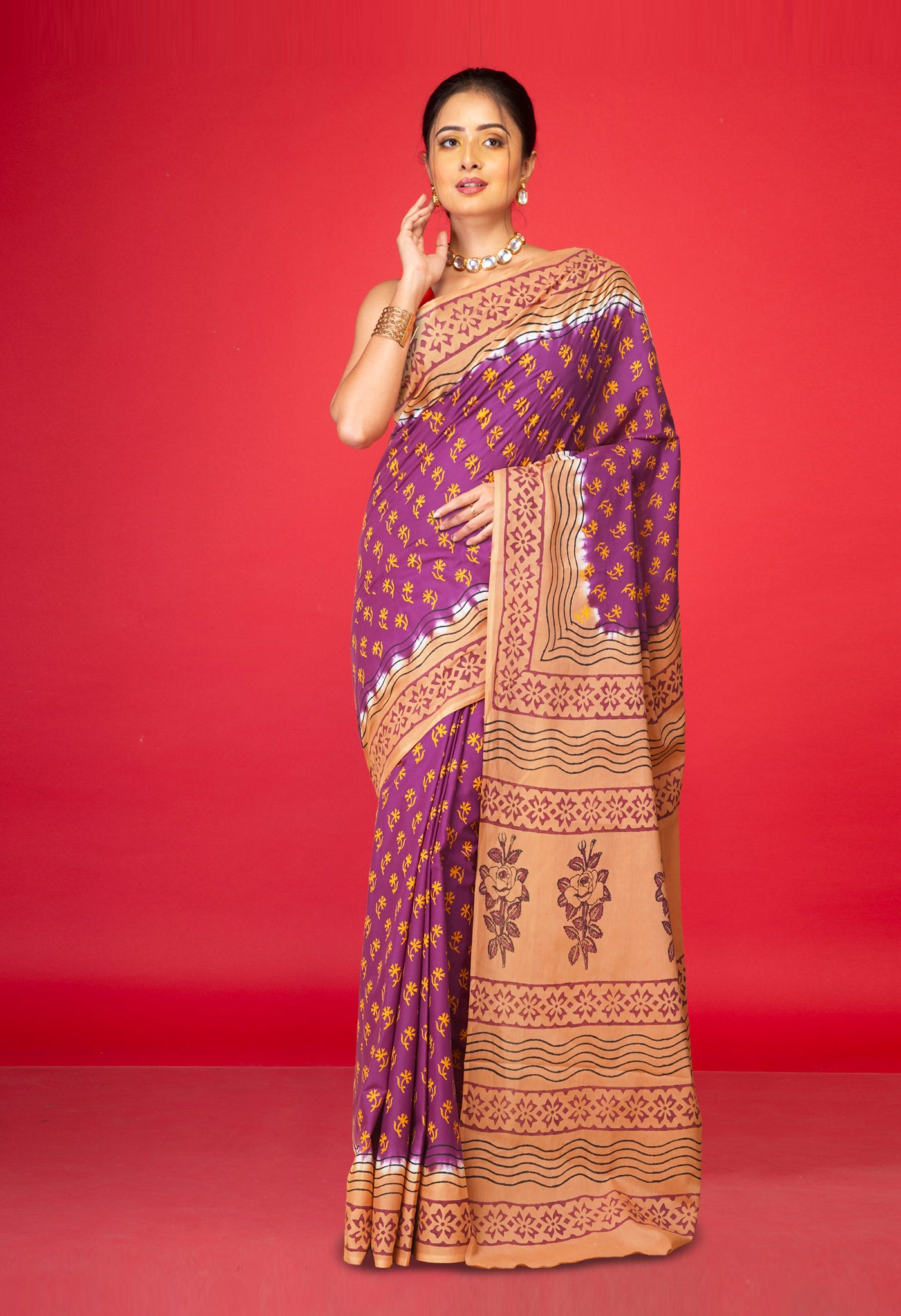 Purple Pure Hand Block Printed Soft Cotton Saree